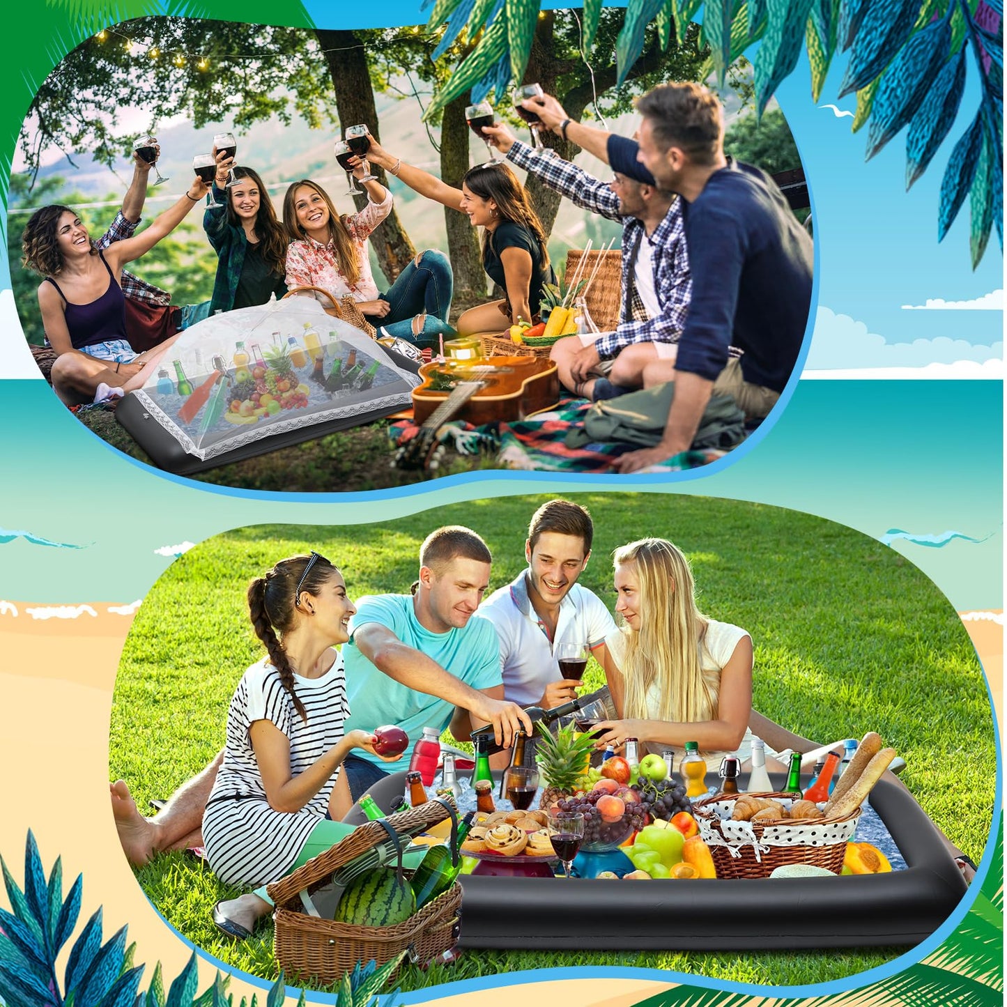 Leitee 3 Pcs Inflatable Serving Bar Kit Includes Salad Buffet Tray with Drain Plug Mesh Food Cover Food Drink Containers and Inflator for Ice Supplies Halloween Party Camping Picnic(Black)