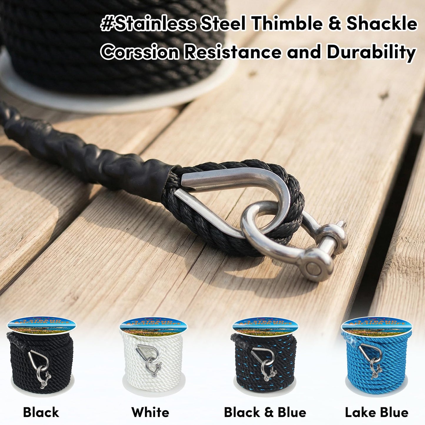 Anchor Rope 1/2 Inch 100 FT, Anchor Line 3 Strand Boat Rope with Stainless Steel Thimble & Shackle, Boat Anchor Rope Ideal for Towing Docking Mooring Boats Up to 35' - Black