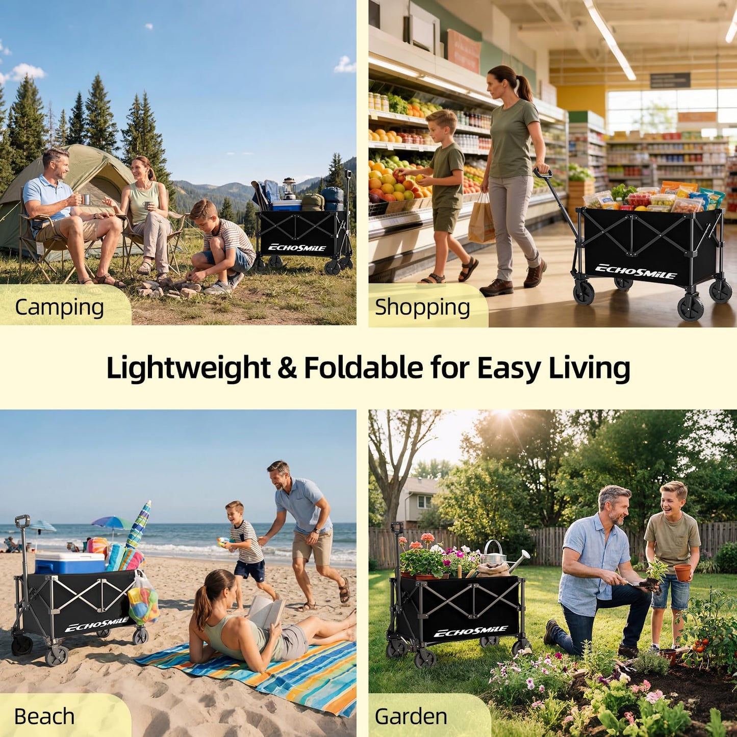 EchoSmile Lightweight Collapsible Wagon Cart, Compact Foldable Wagon for Grocery, Camping & Sports, Easy Fold Utility Wagon,Black