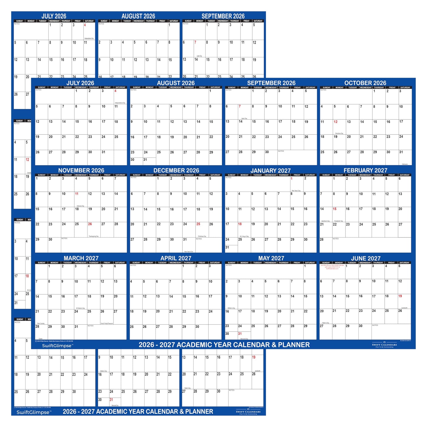 18x24 SwiftGlimpse 2026-2027 Academic Wall Calendar Dry Erase Erasable, Large, Wet & Dry Erase Laminated, Reversible, Yearly Planner JULY 2026 to JUNE 2027 ONLY