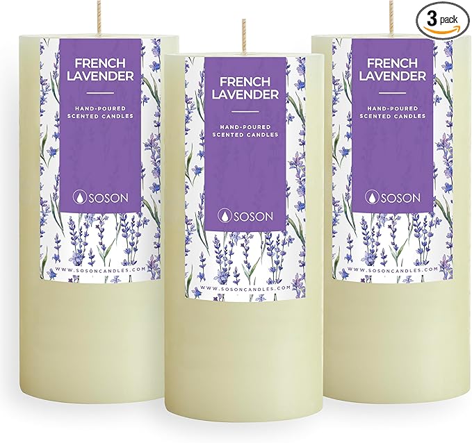 Simply Soson Lavender Scented Candle Set - 3x6 Ivory Pillar Candles for Home Aromatherapy Gift