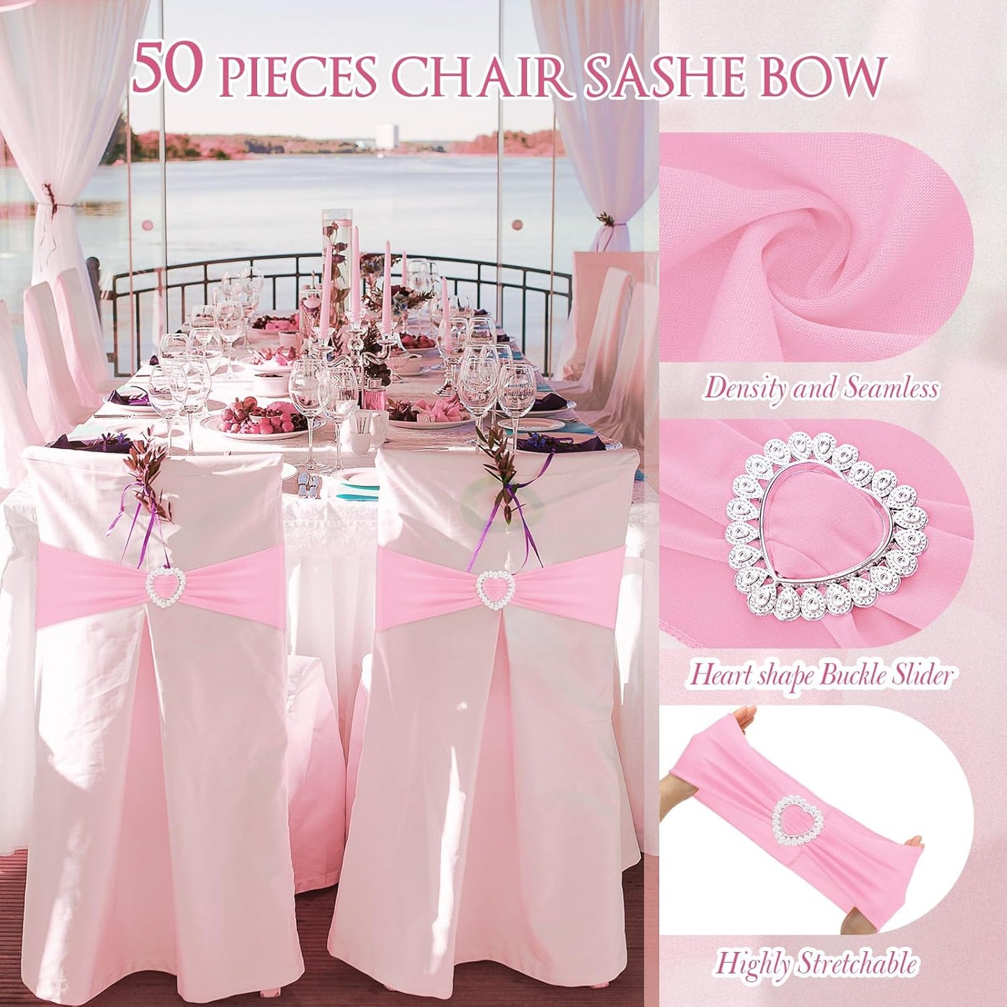 VitalCozy Spandex Chair Sashes - 50 Pcs with Heart-Shaped Buckle Slider | Universal Elastic Ties for Weddings & Events (Pink)