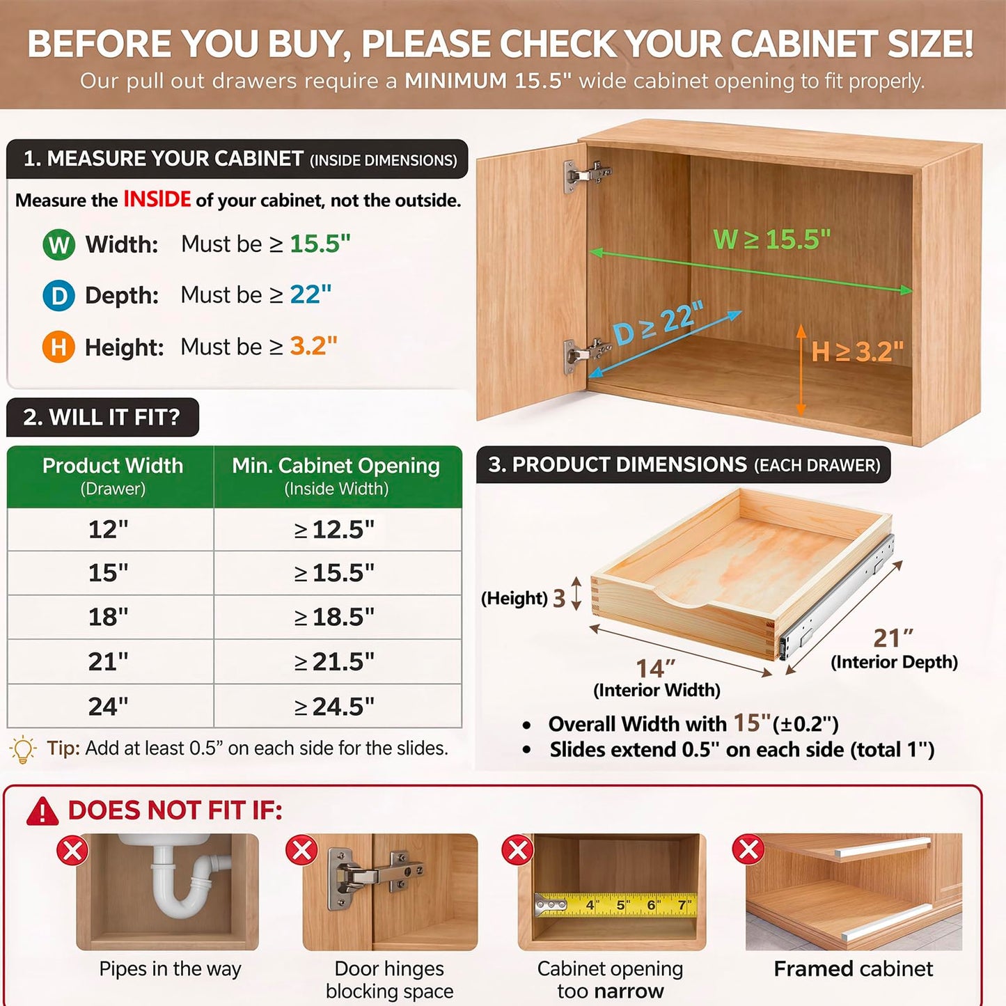 Sintuff 4 Pack Wooden Pull out Tray Cabinet Organizer Gentle Close Roll out Shelves for Kitchen Cabinets Fully Assembled Slide Pantry Shelves (15'' X 21'')