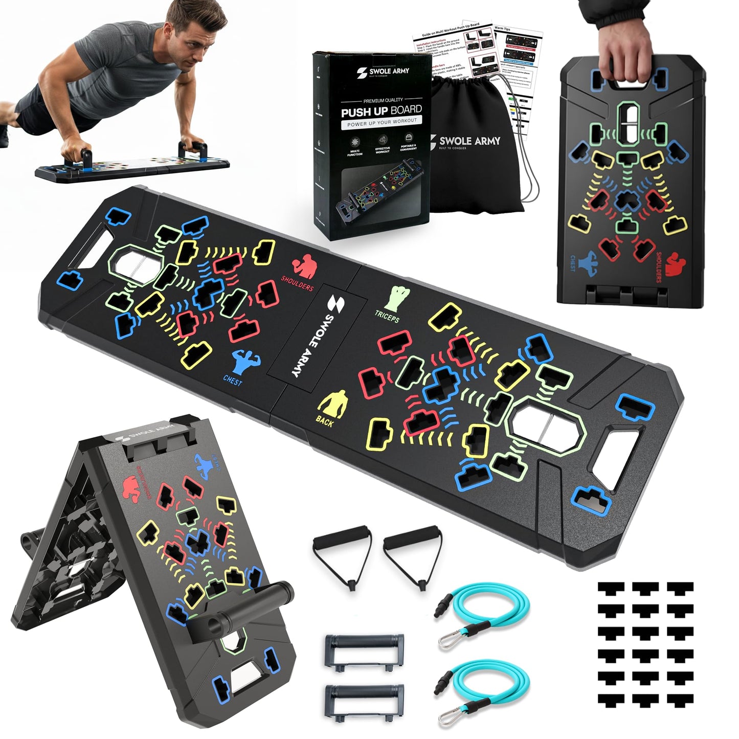 Swole Army Solid Push Up Board | 20-in-1 Home Gym | Portable Workout Equipment | Multi-Functional Pushup Board For Men & Women | Professional Foldable Push Up Stands For Chest Muscles