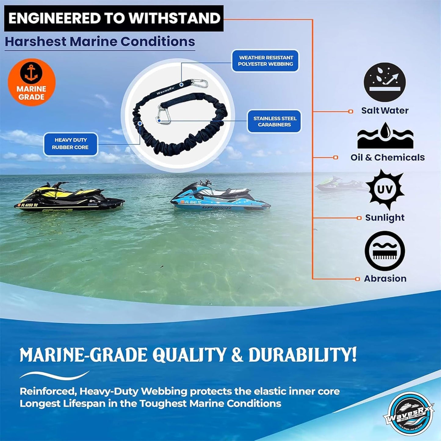 WAVESRX DockingPal™ - Premium Flat Bungee Dock Lines for Boats I Elastic Boat Dock Rope with Stainless Steel Carabiners | Stretches from 3' to 5' | Absorbs Shocks Prevent Damage to Jet Ski & PWC