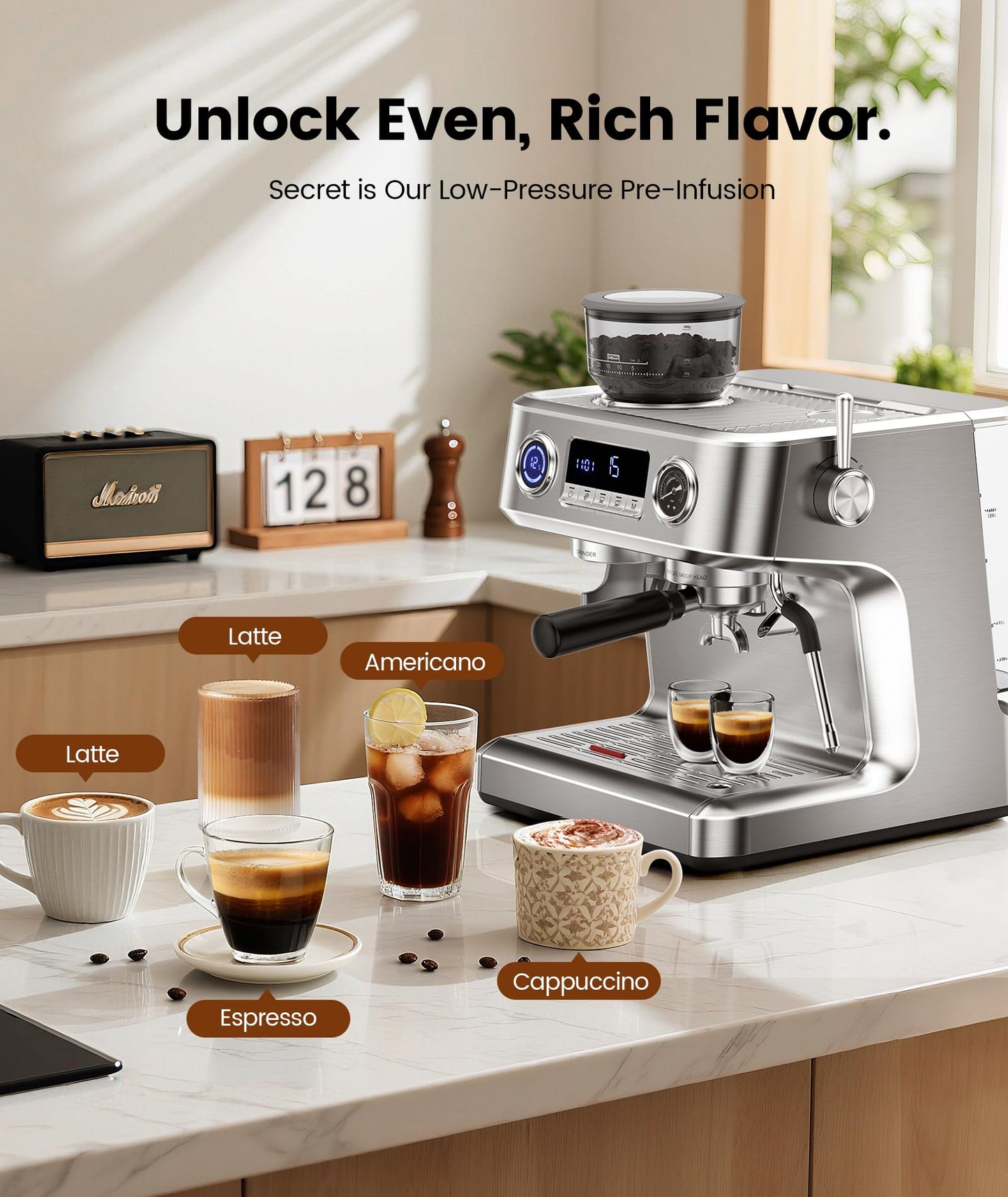 COWSAR Dual Boiler Espresso Machine with Grinder, 20 Bar Espresso Machines with Milk Frother, Espresso Maker with Removable Water Tank, Commercial Expresso Coffee Machines, Brushed Stainless Steel