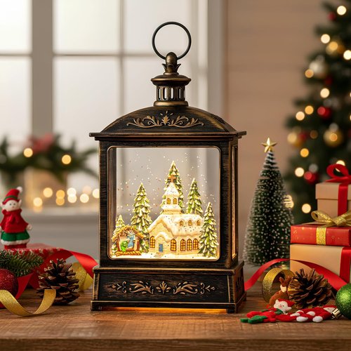 Musical Snow Globe Lantern by [Brand Name] - Lighted Church with Nativity Scene | Glittering Christmas Decoration, Battery or USB Powered