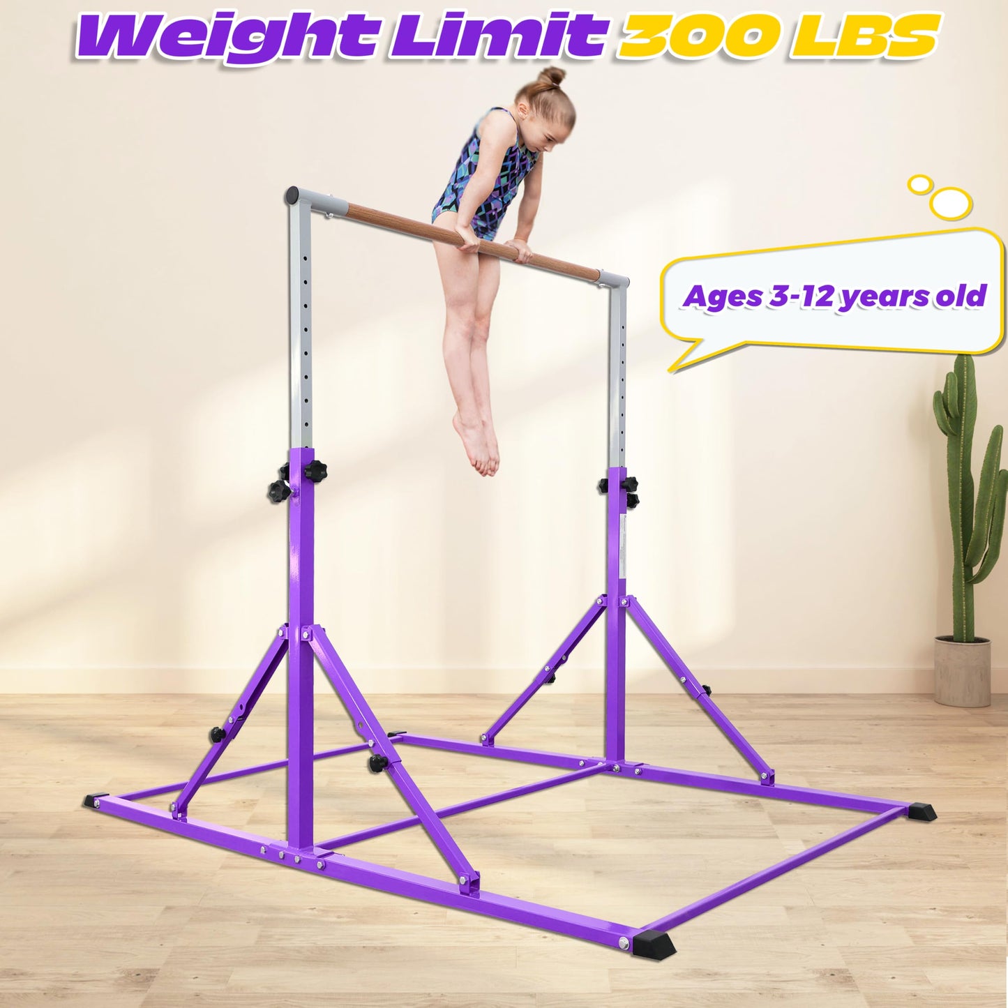PreGymnastic Foldable Gymnastics Bar, 5.6FT Folding Horizontal Bars for Kids Ages 3-12, Weight Limit 350 LB, Adjustable kip Bar,Children Home Gym Equipment Indoor(Foldable Bar with Mat, Violet-Mat)