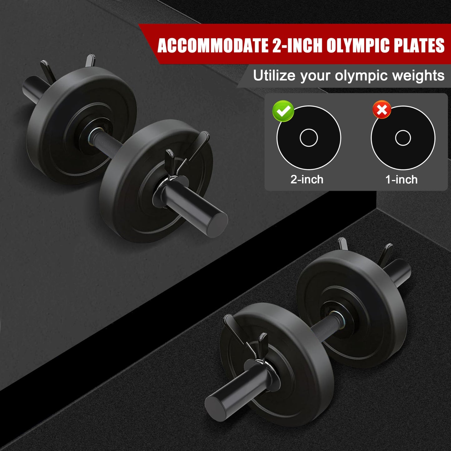 Pair of 16" Olympic Dumbbell Handles for 2-Inch Plates, Loadable Dumbbell Bars with Knurled Rubber Grips for Home Gym Strength Training