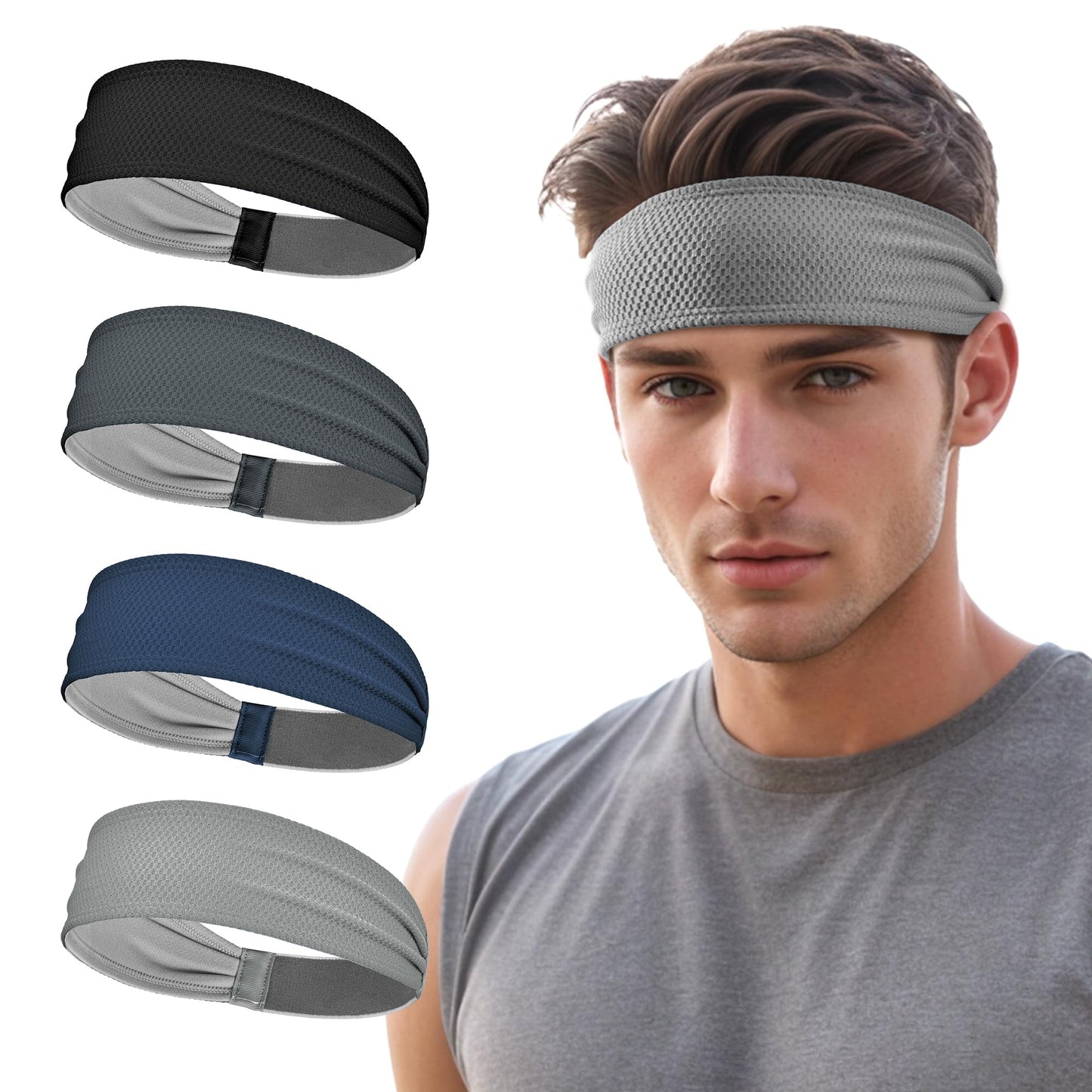 Sukeen Sports Headbands for Men 4 Pack, Moisture Wicking Sweat Bands Headbands Non-Slip, Breathable Elastic Sweatband, Running Headband for Yoga Tennis Fitness Workout, Black/Dark Gray/Dark Blue/Gray