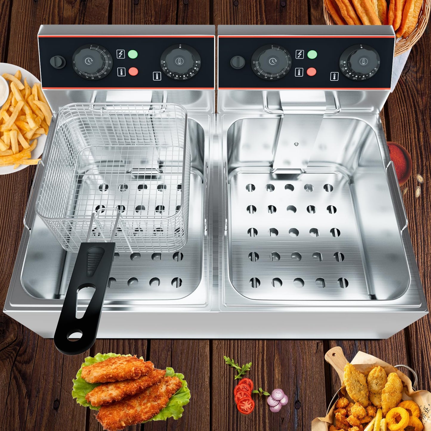 23 QT Commercial Deep Fryer with Double Baskets and Lid, Electric Stainless Steel Countertop Commercial Oil Fryer, Adjustable Temperature Control, for Kitchen and Restaurant