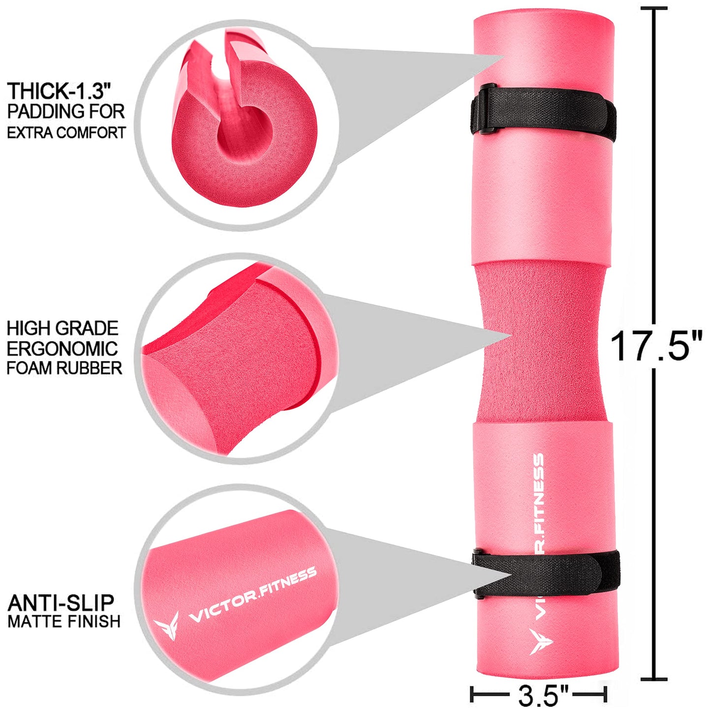 Victor Fitness Pink Protective Neck Barbell Pad for Squats, Hip Thrusts, and Lunges for Olympic or Standard Bars 1" Thick Foam for Neck/Shoulder Comfort