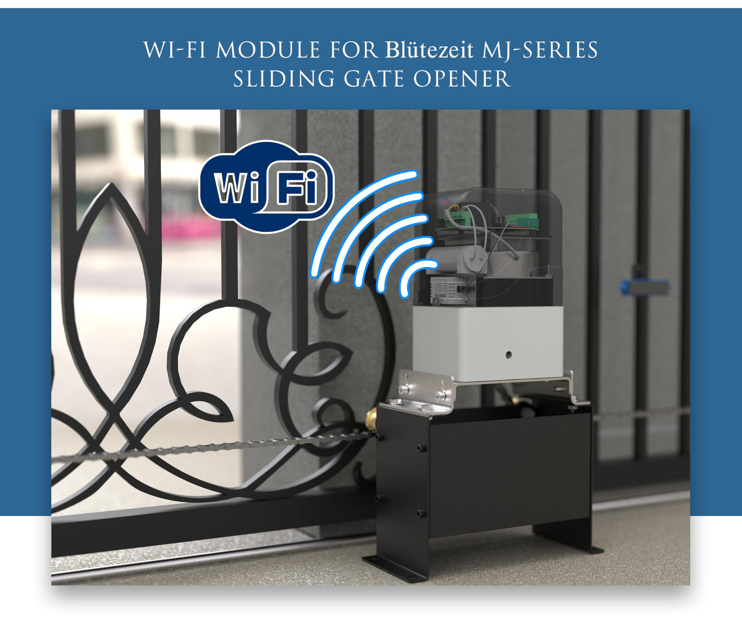 Blütezeit MJ-400 Sliding Gate Opener + WiFi Module + Push Button – 1100lb AC Chain-Drive Gate Motor with Smart App Control & Expanded 433MHz Accessory Support