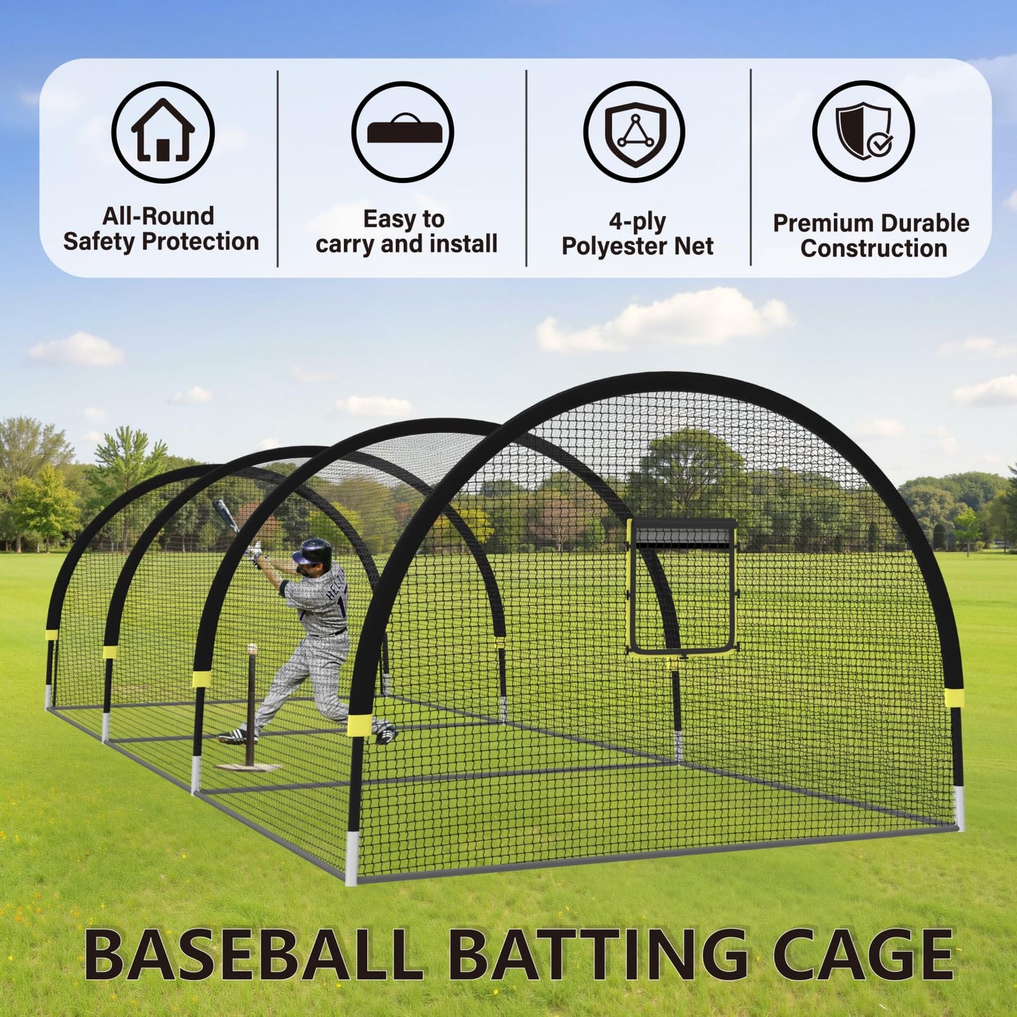 IDEATRY Baseball Batting Cages for Backyard - 30ft x 12ft x 8ft Portable Practice Softball Cage Net and Frame with Pitching Machine Hole, 12.7MM Fibreglass Poles and Carry Bag