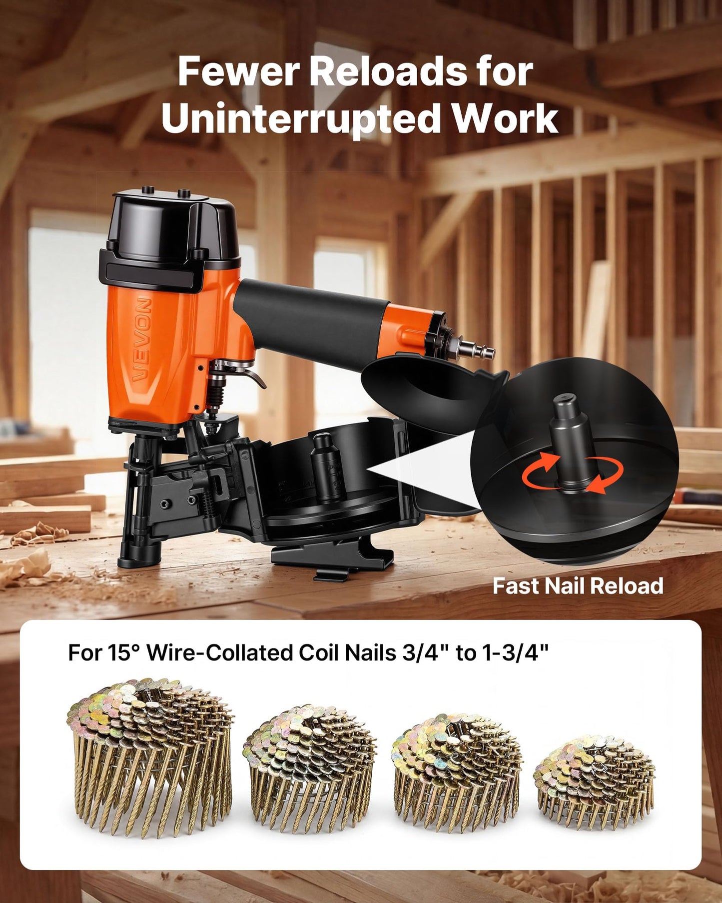 VEVOR Professional Roofing Nailer CN45N, 3/4" to 1-3/4" 15 Degree Air Roofing Nail Gun, 4–5 Nails/S Ultra-Fast Nailing, 70-110 PSI Pneumatic Coil Nailer for Asphalt Shingles, Roof Sheathing