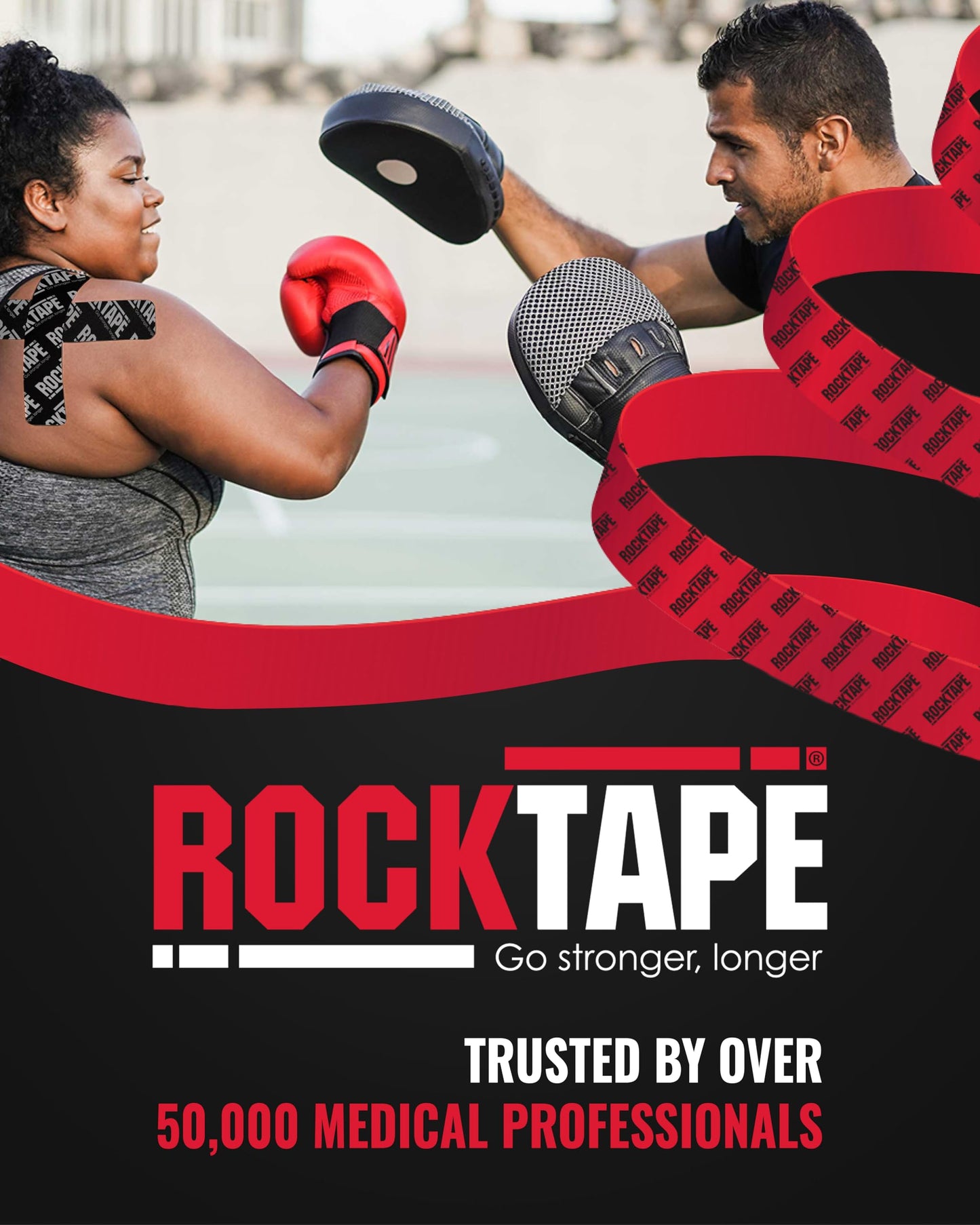 RockTape Extra Sticky 2" x 16.4' Kinesiology Tape (Logo,Black), Athletic Tape for Muscle Pain Relief, Injury Recovery, Microscopic Skin Lifting & Decompression, Sweat & Water Resistant, Hypoallergenic