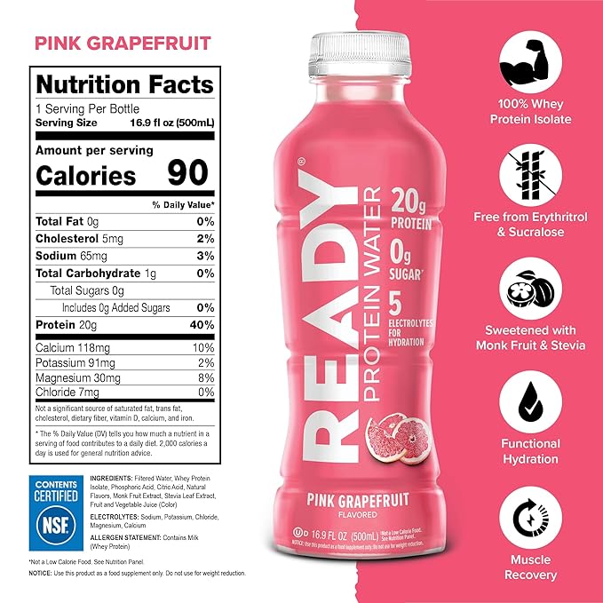 Ready® Protein Water ??20g Whey Protein Isolate, Zero Sugar, Low-Calorie Sports Drink for Hydration & Recovery ??Electrolytes, Essential Amino Acids ??Pink Grapefruit, 16.9 fl oz Bottles (12-Pack)