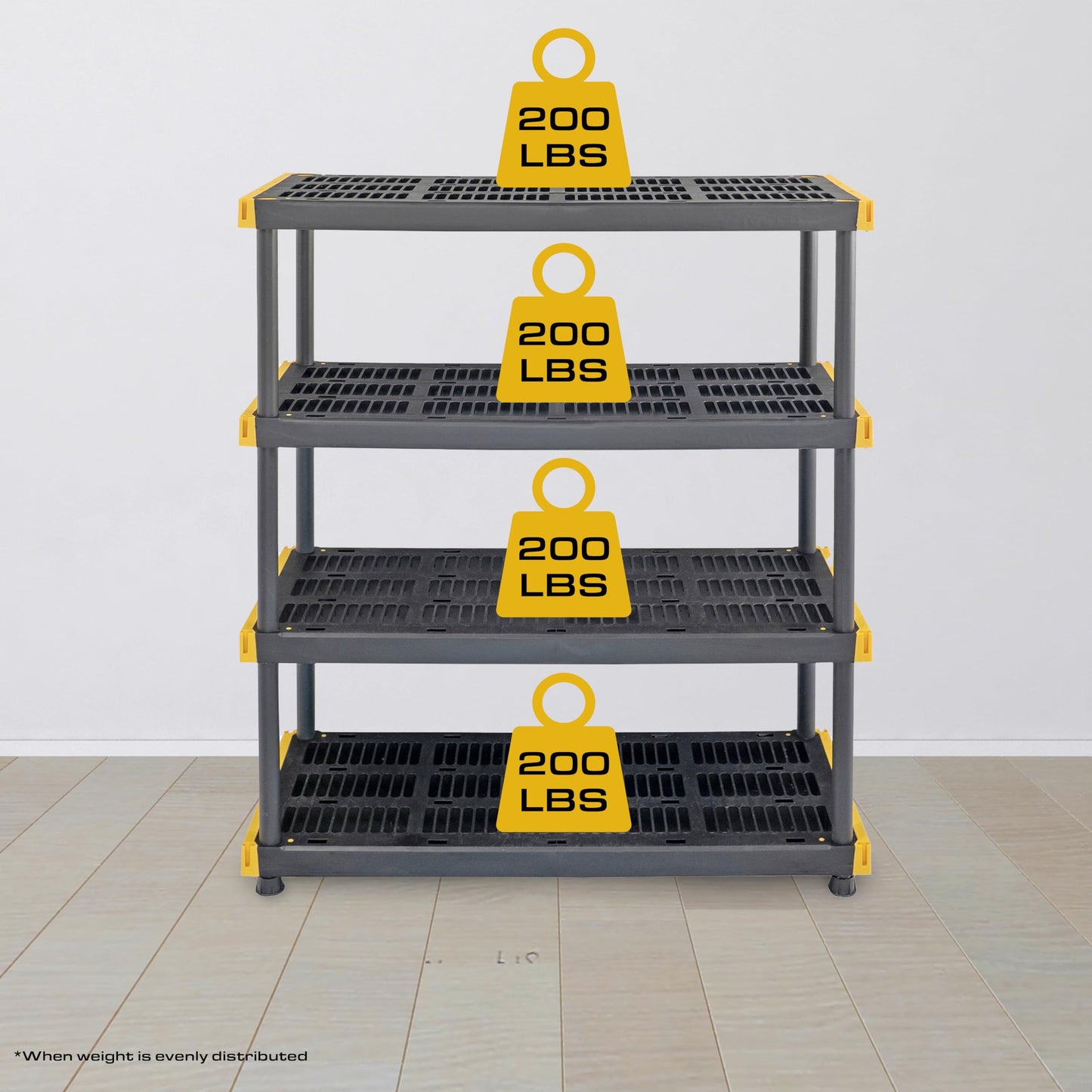 CX Black & Yellow, 4-Tier Heavy Duty Plastic Storage Shelves that Support up to 200lbs/shelf, Organization and Storage, Weather-Resistant Design, Easy Assembly (55"H x 48"W x 20"D)