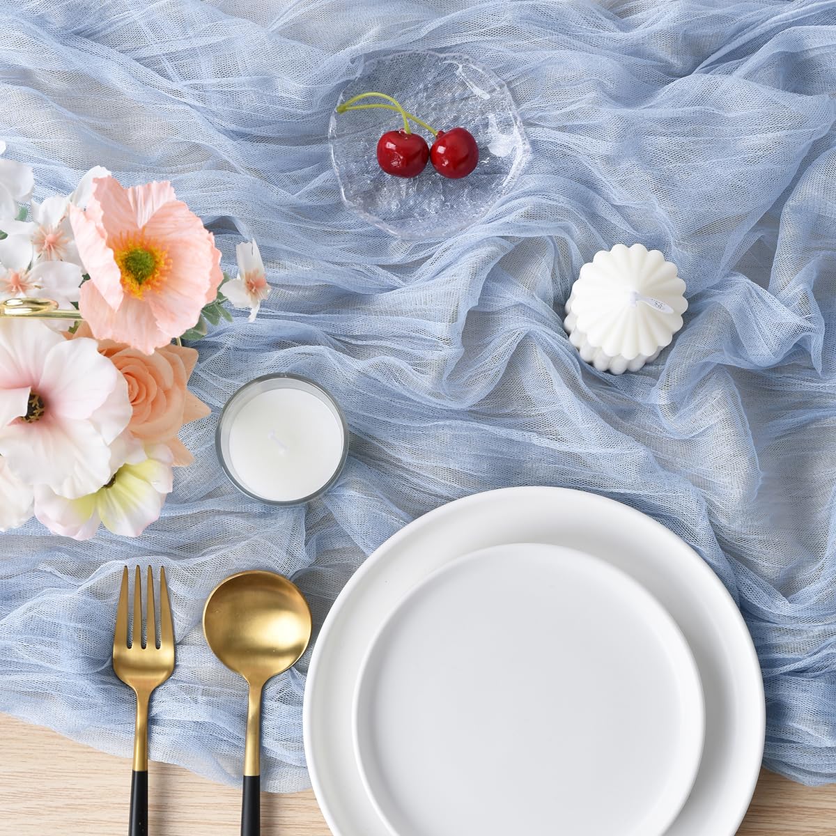 Joanlody Blue Cheesecloth Table Runner Spring Summer 10Ft Rustic Gauze Boho Cheese Cloth Table Runner for Wedding Bridal Baby Shower Decoration 4 Pack