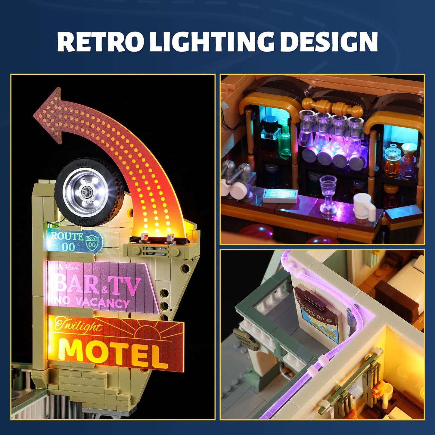 FUNWHOLE City Car-Hotel Lighting Building-Bricks Set - Road Trip Modular Twilight Motel Collection LED Light Car and Motorcycle Building Set 1970 Pcs for Adults and Teen