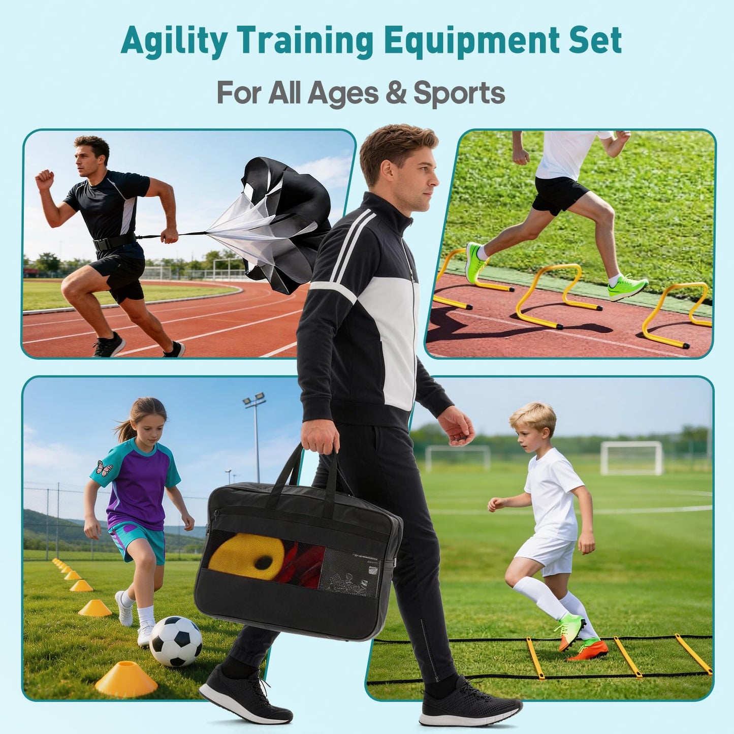 OLIXIS Soccer Football Agility Training Equipment with 4 Adjustable Hurdles, 12 Socce Cones, Running Parachute and Jump Rope, 20ft Agility Speed Ladder for Speed and Footwork - Yellow