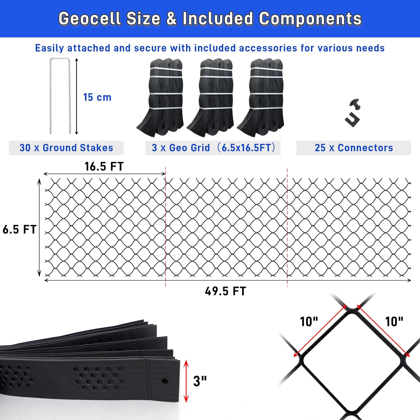 3" Thick Gravel Grid 49.5x6.5 FT, Geo Ground Grid with Connectors and Stakes, Geo Cell Gravel Retainer 1885 LBS Per Sq ft Stabilization System for Driveway DIY Patio Pavement Park Garden & Slope