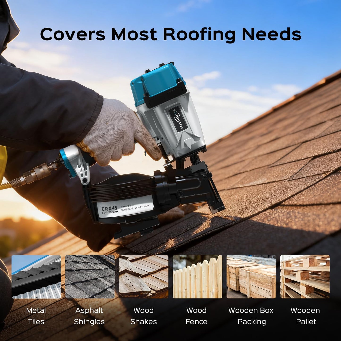 YARDCARE CRN45 Roofing Nailer, 15 Degree Pneumatic Coil Roofing Nail Gun for 7/8″ to 1-3/4″ Nails, 120 Coil Capacity, 70-120 PSI Pistolas Para Roofing for Asphalt Roofing Shingles Wooden Cases