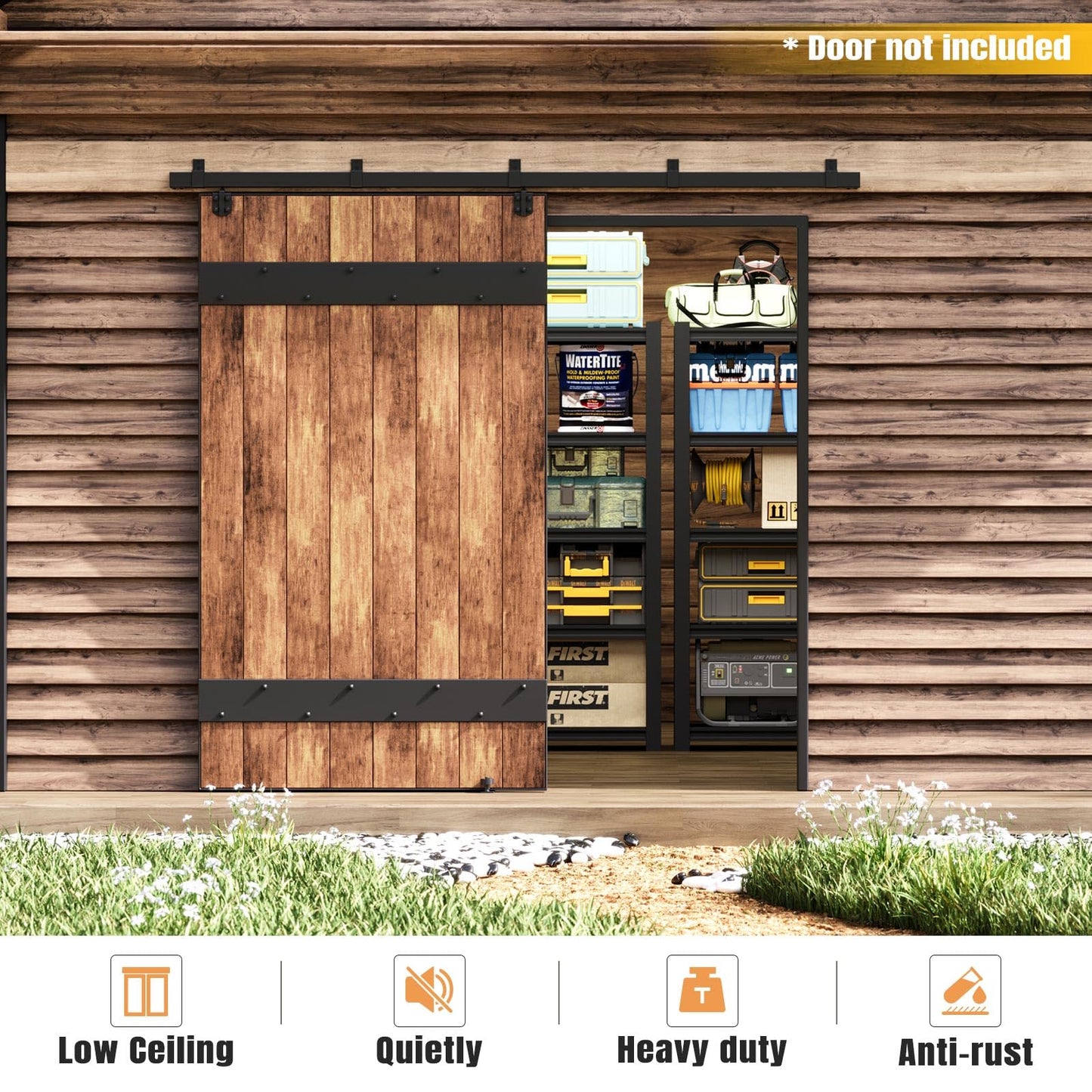 Easelife 8FT Exterior Sliding Barn Door Hardware Kit, Box Rail Track, 450lb Capacity, Black Weather-Resistant Steel, Wall Mount System for Outdoor Use, Fit Single 48in Door