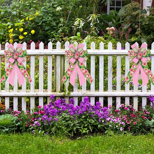 Hying Large Flower Bow - Spring Tulip Stripes in Pink Burlap | Farmhouse Craft Bow for Easter Decor