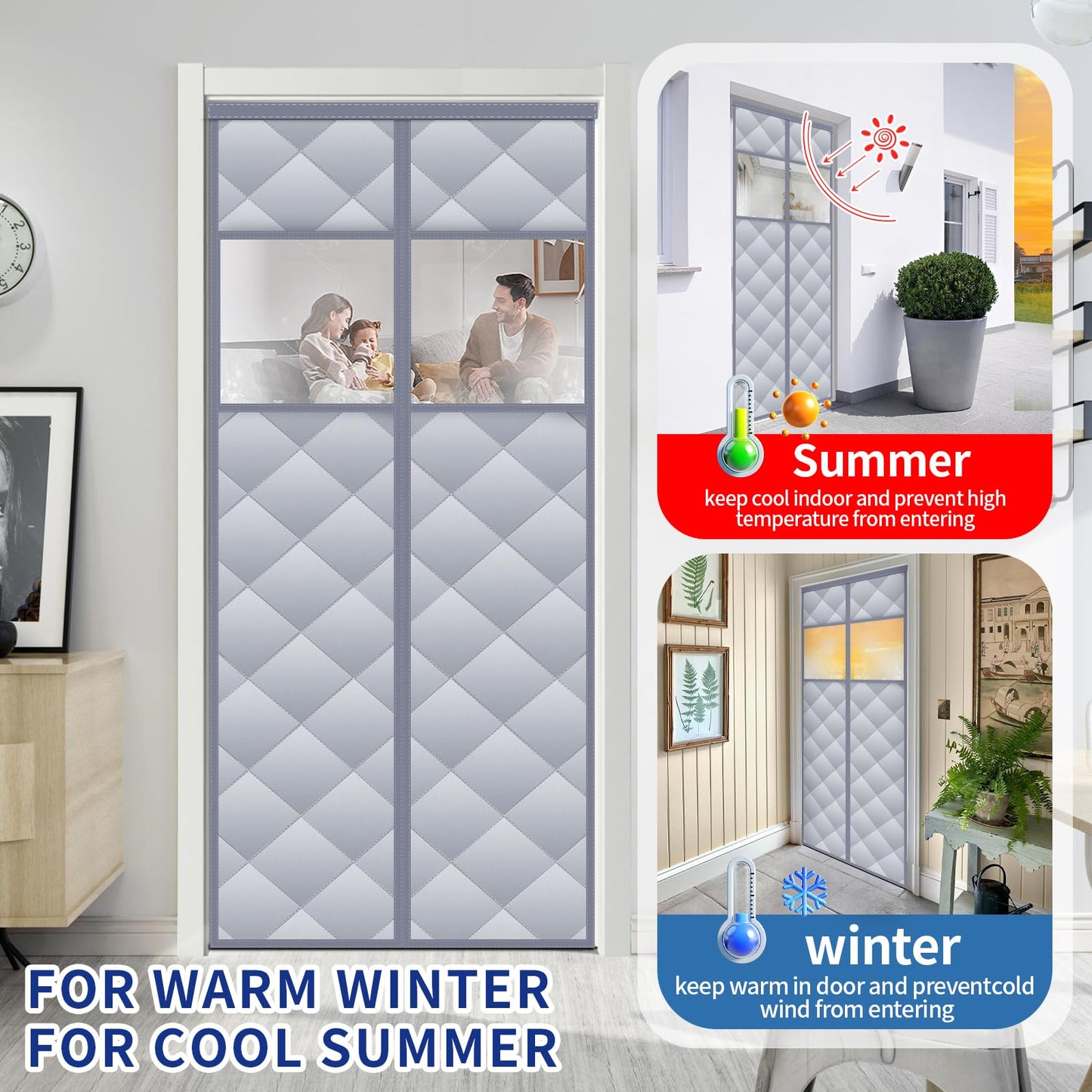 Magnetic Thermal Insulated Door Curtain with Detachable Visible Windows, Thicken Polyester Fiberfill & Durable Oxford Fabric, Hands Free Windproof Door Screen, Fits Door Size up to 36" x 82", Grey