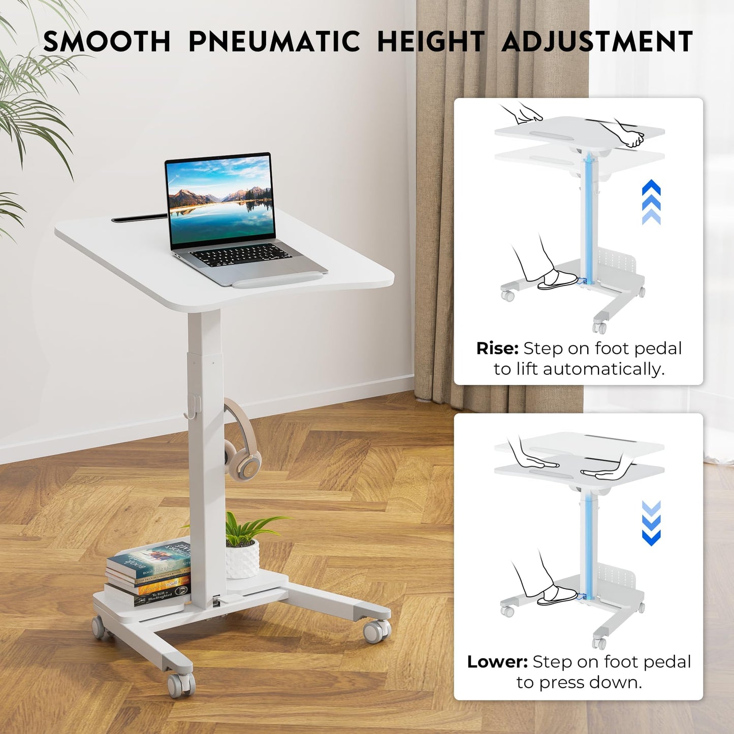 BONTEC Mobile Standing Desk Adjustable Height, Rolling Laptop Cart with Storage Shelf, Hooks, Portable Workstation with Pneumatic Lift, Ergonomic Compact Home Office Desk, White 23.6" x 20.5"