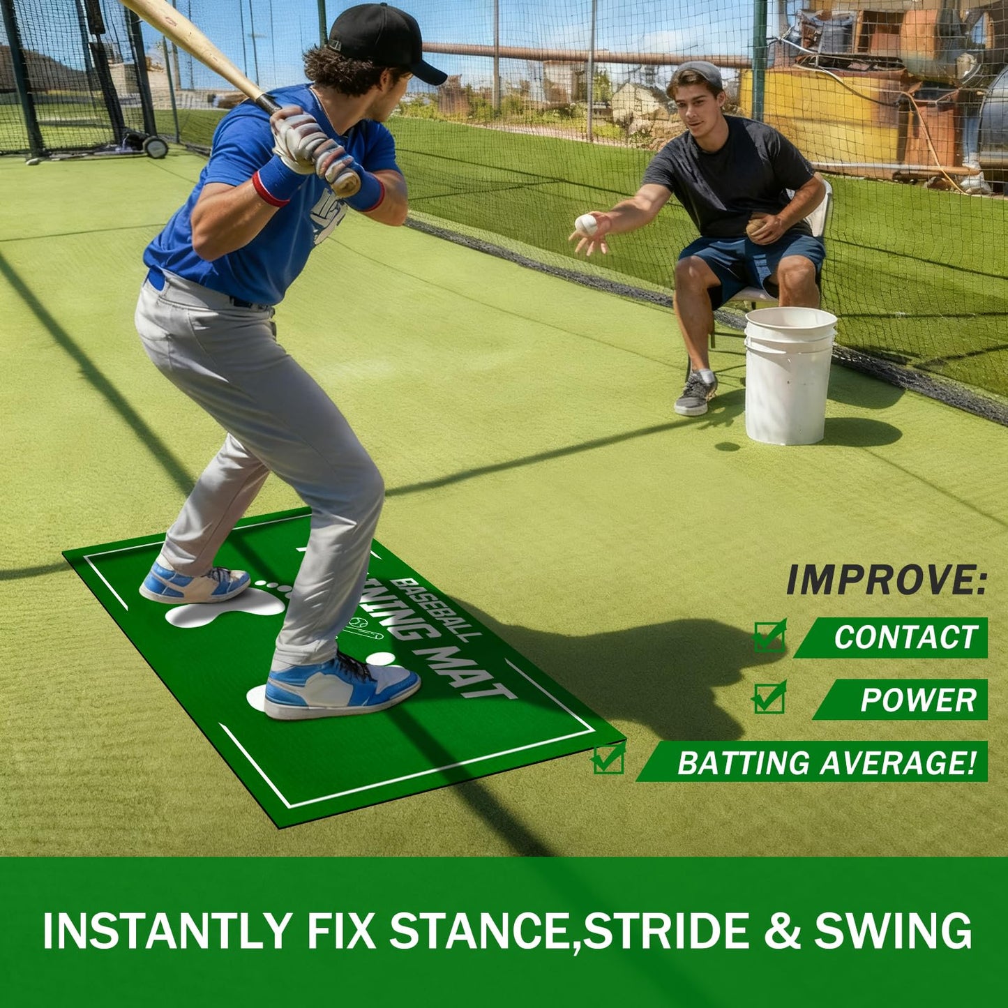 Baseball Training Mat, Baseball and Softball Batter Stance Hitting Mat, Improve Posture, Batting Mat with Toes Facing Place, Silent Anti-Skid, Baseball Training Equipment, 35.4 * 23.6 Inch (Green)