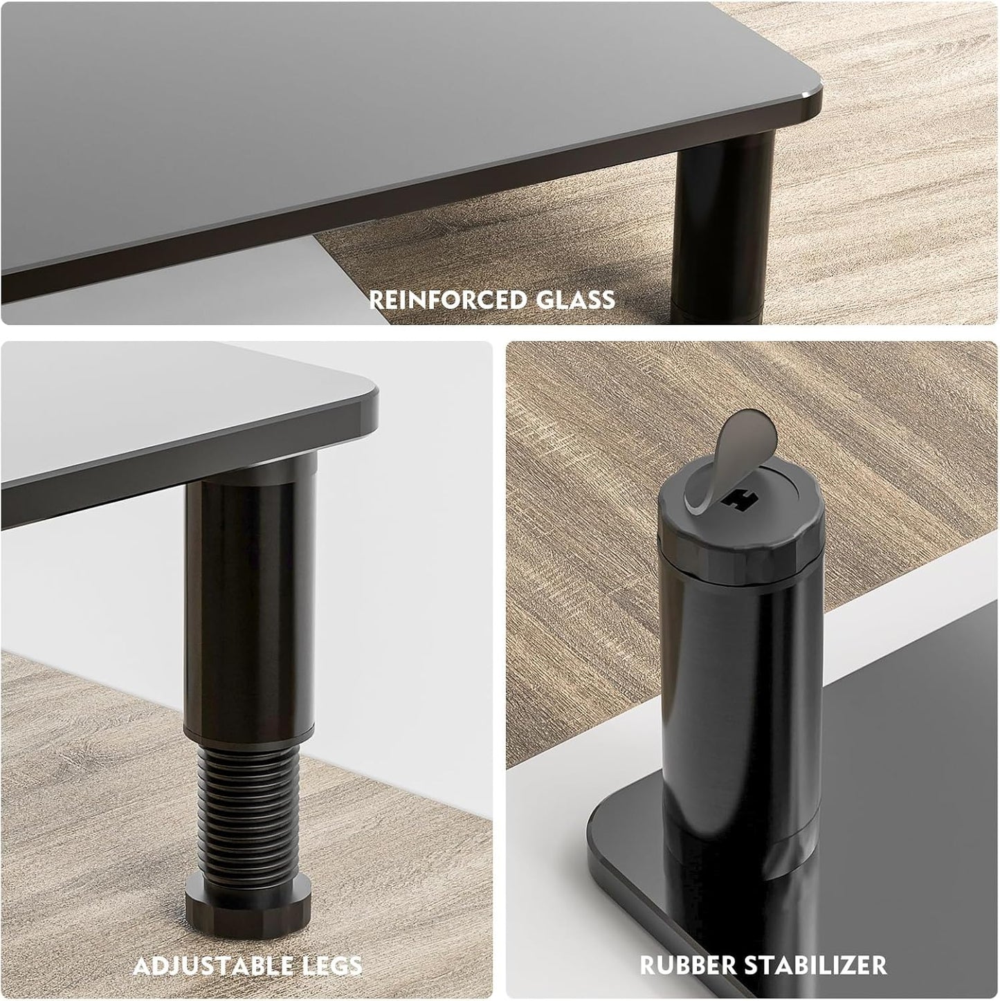 HD01B-002 Glass Computer Monitor Stand Riser with Height Adjustable Multi Media Desktop Stand for Flat Screen LCD LED