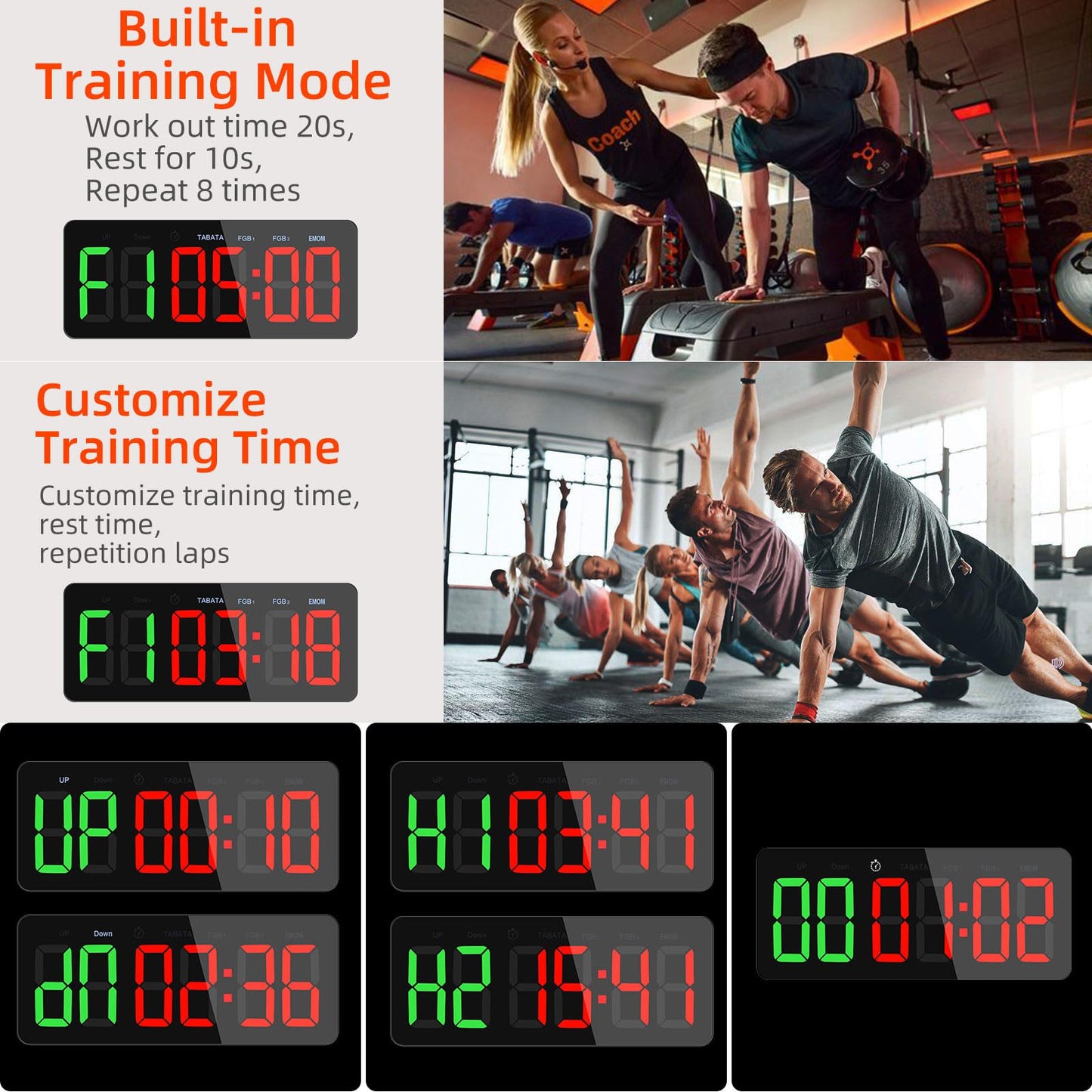 PELLOR Gym Timer Clock, Interval Timer with Function Mode Display, Countdown/UP Stopwatch Adjustable Brightness with Remote Control, 3'' Large Digits Digital Wall Clock for Home Gym Room