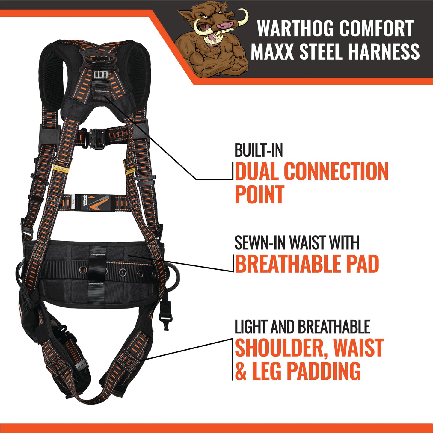 Malta Dynamics Warthog Comfort MAXX Steel Harness – Full-Body Fall Protection Harness and Adjustable Safety Harness with D-Rings, Shoulder and Leg Padding for Construction, OSHA & ANSI Compliant
