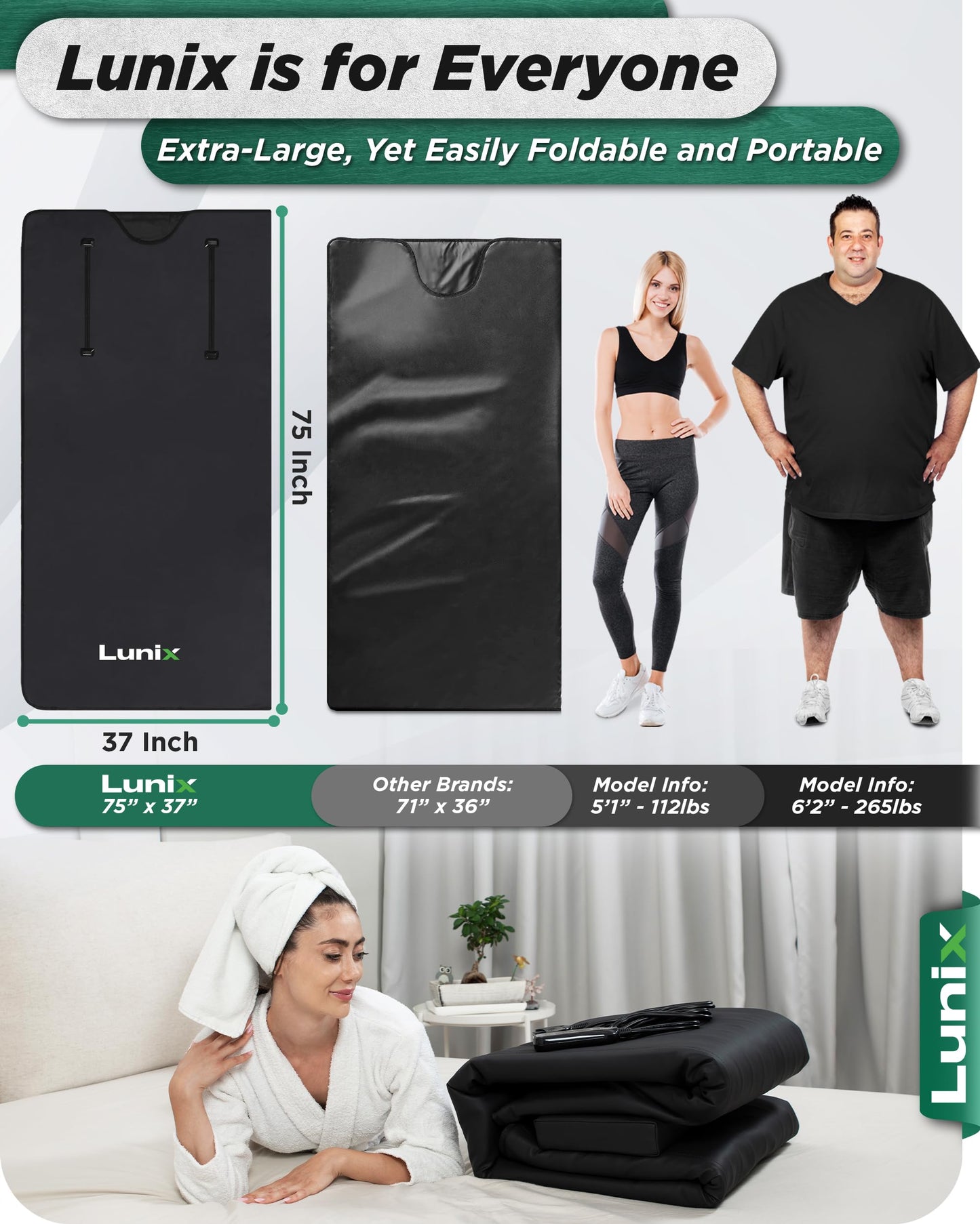 Lunix LX17 Infrared Sauna Blanket, Portable Sauna Bag for Relaxation, Detox & Stress Relief, Adjustable Heat 77–176°F, Far Infrared Blanket with Pillow, Wrap & Hot Cold Gel Pack – Jet Black