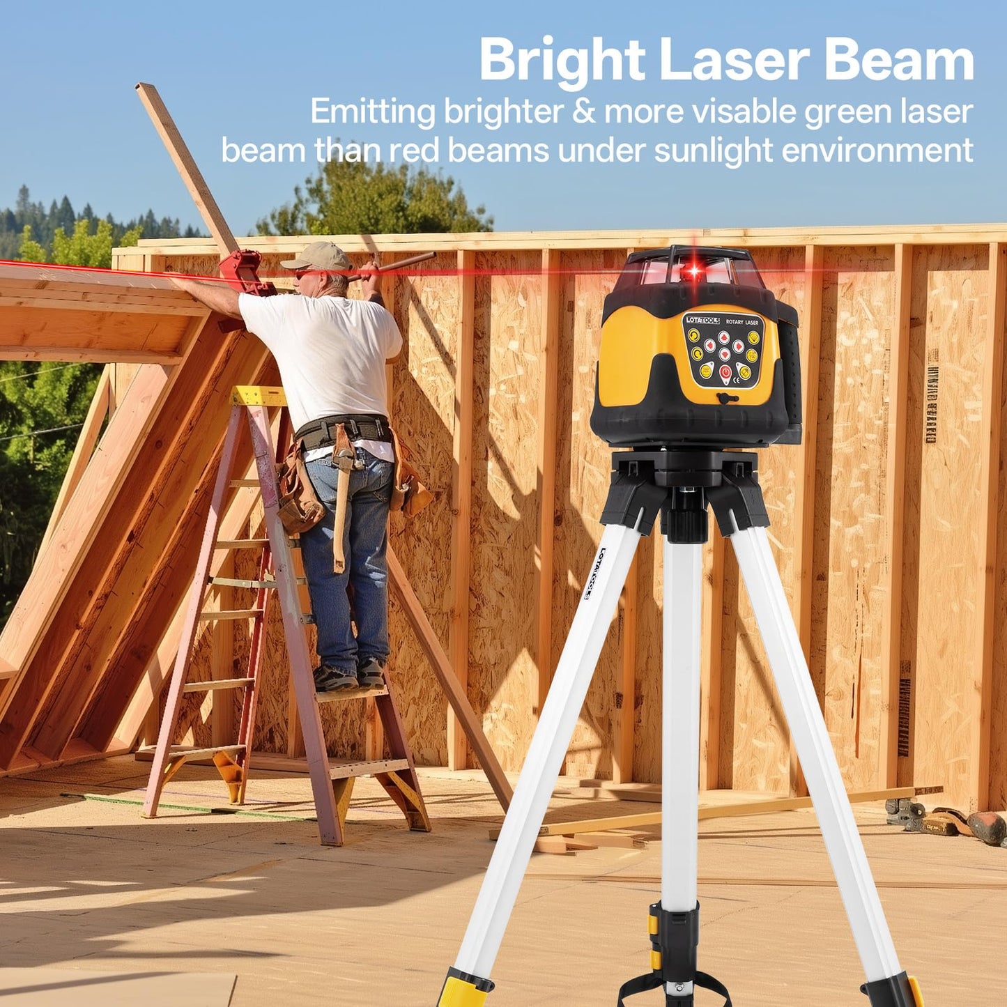 LotaTools Self-Leveling Rotary Laser Level Kit, Class II ≤ 5 mW Red Laser, 2000 ft Range with Receiver, ±1/8" Accuracy at 100 ft, IP66 Waterproof, Includes Tripod & Grade Rod