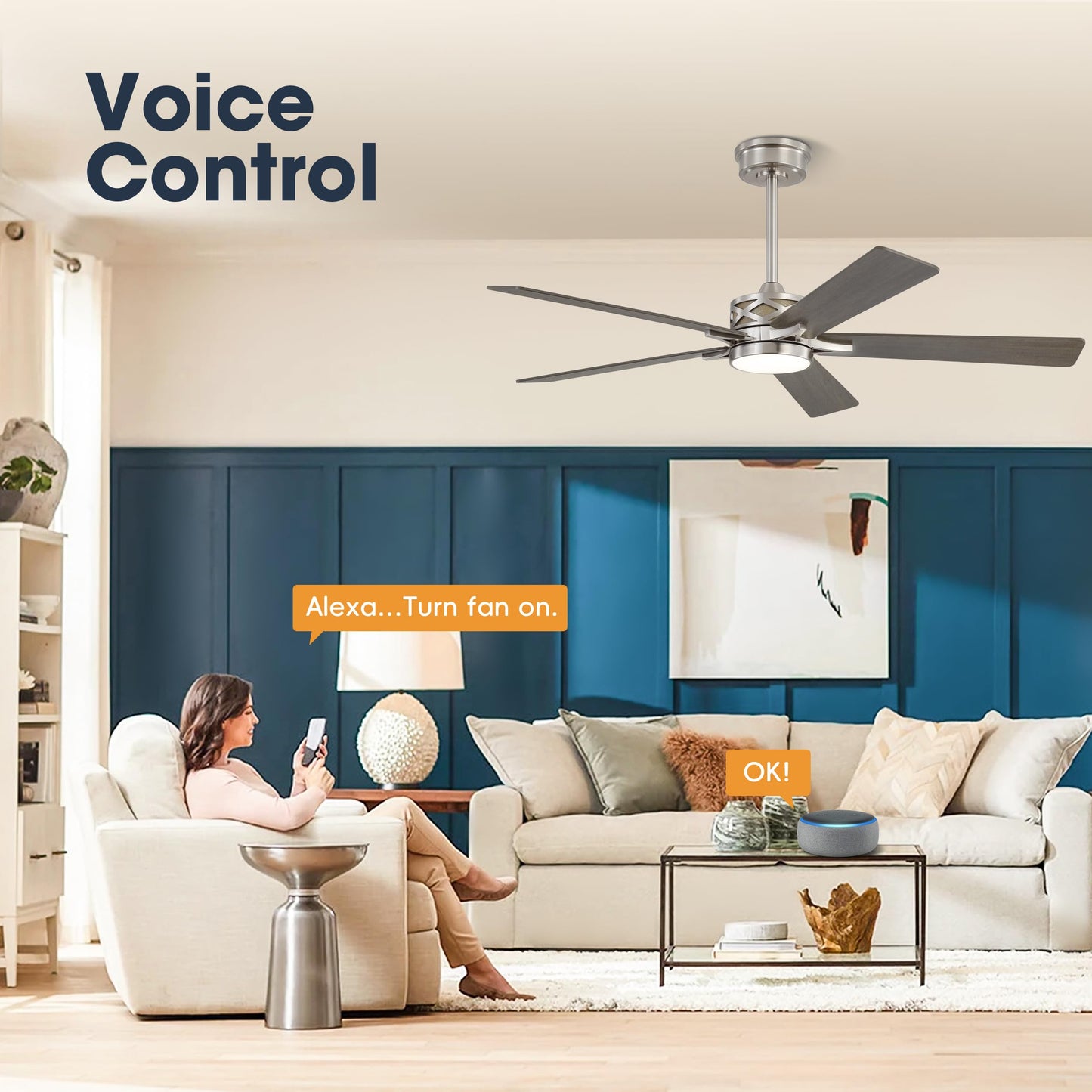 WINGBO 52" Smart Ceiling Fan with Lights, 5 Plywood Blades, 6 Speeds Reversible DC Motor, Works with Alexa and Google Assistant, 3CCT Dimmable LED Ceiling Fan for Bedroom Living Room, Nickel and Grey