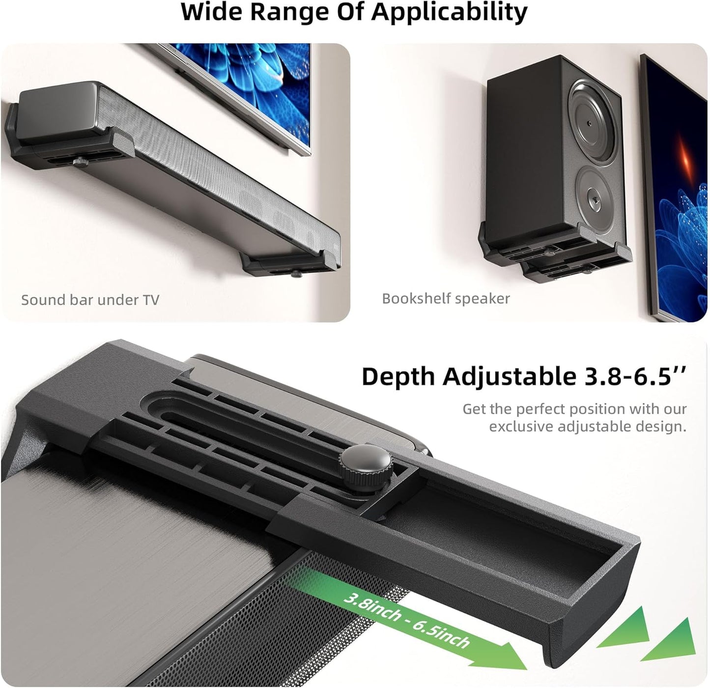ELETIUO 3.8-6.5 inch,Universal 50 lbs,Black Soundbar Wall Mount Bracket,Depth Adjustable Sound Bar Mount Under TV
