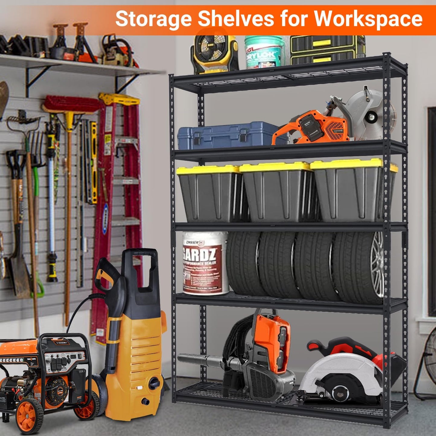 5 Tier Shelving Unit for Garage Organization-Heavy Duty Industrial Wire Shelving Rack, 2500Lbs Metal Storage Racks, Multifunctional Utility Shelf for Garage, Office, Kitchen