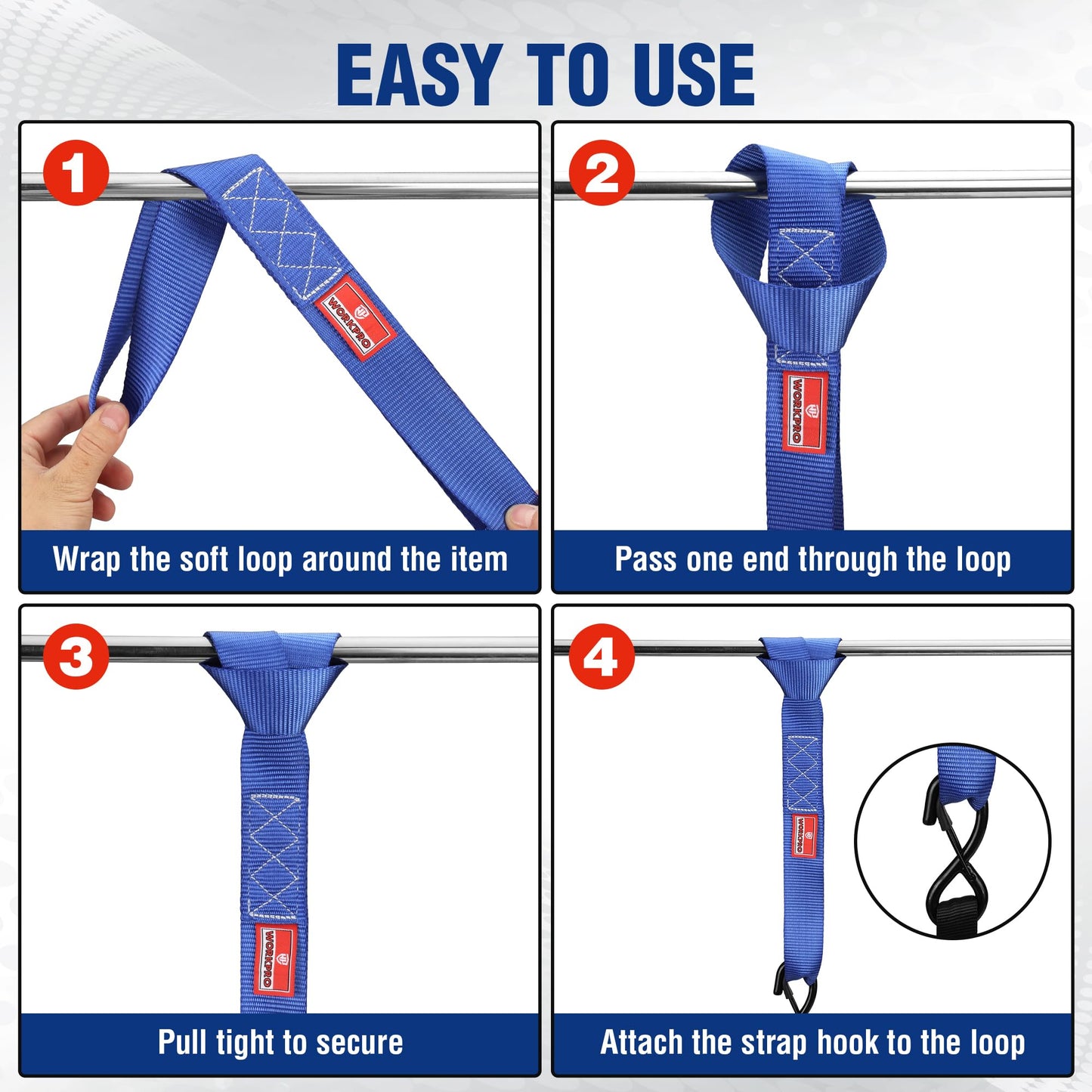 WORKPRO Soft Loop Tie Down Straps (4-Pack), 1.6" x 17", 5000 lbs Breaking Strength, Heavy Duty with Soft Loop Ends for Securing Motorcycles, ATVs, UTVs, Kayaks, Dirt Bikes - Blue