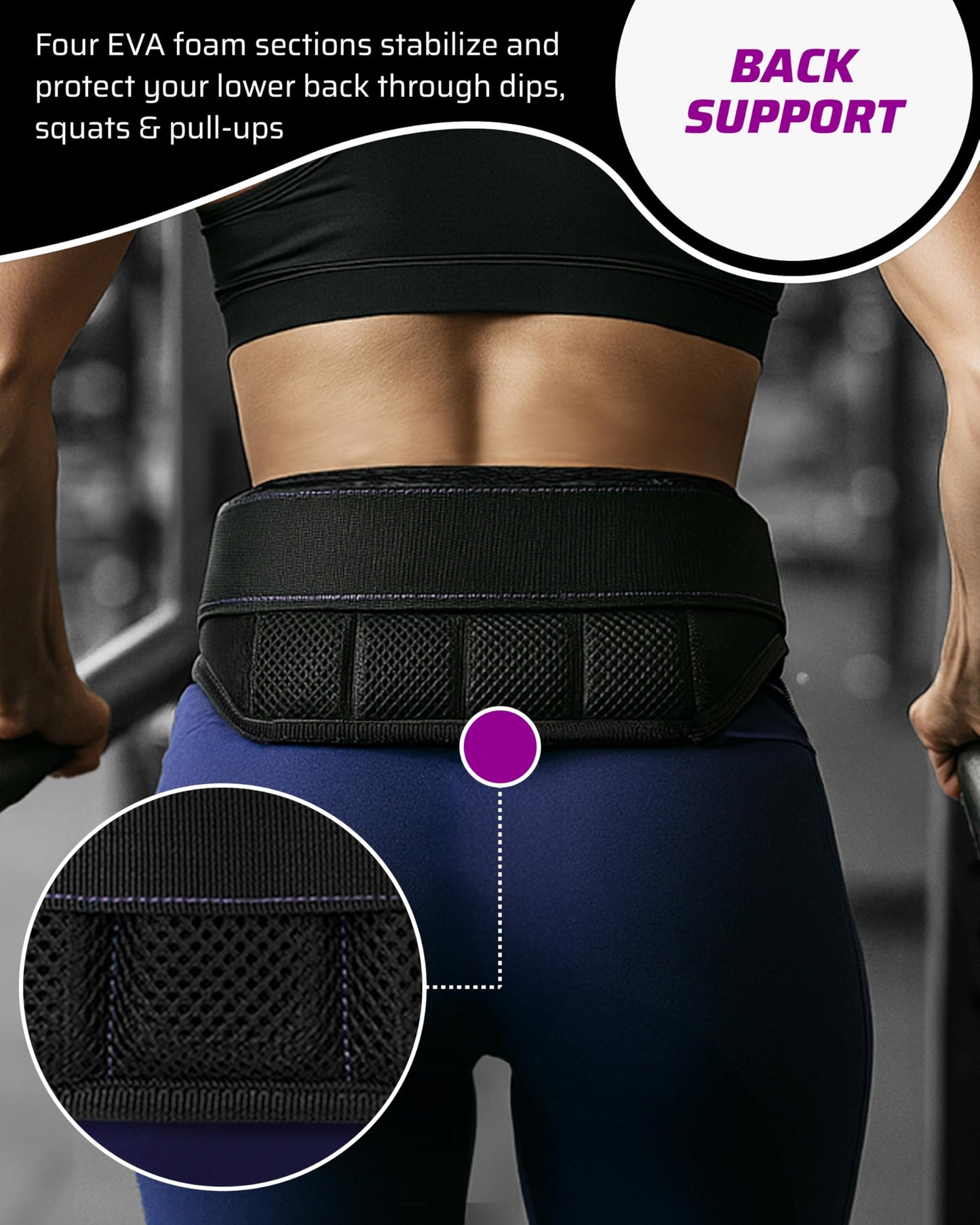THEFITGUY Women’s Weighted Dip Belt – Contoured No-Pinch Fit for Dips, Pull-Ups & Squats | Designed for Women’s Hips | Sleek Black with Purple Stitching, Secure Buckle, 2 Straps & Hooks Included