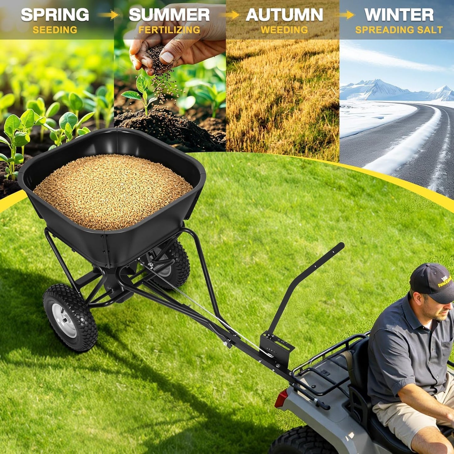 AugFir Tow Behind Broadcast Spreader, 130 LBS Capacity Lawn Fertilizer Spreader for Riding Mower, ATV, UTV & Tractor, 12 FT Spread Width Pull Behind Spreader Seeder for Grass Seed, Salt, Ice Melt
