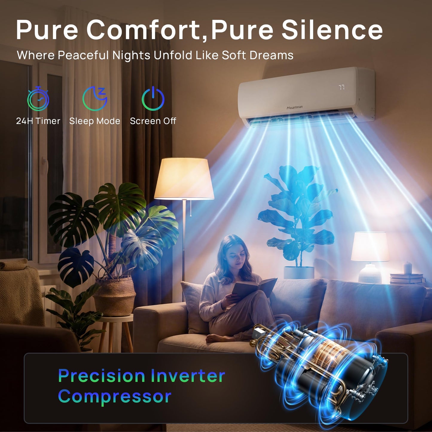 Mountman 12000BTU Mini Split AC/Heating System, 115V 19 SEER2 Energy Efficient Mini Split Air Conditioner with Heat Pump, Cools Up to 750sq.ft, Ductless Inverter AC Unit with Pre-Charged Condenser
