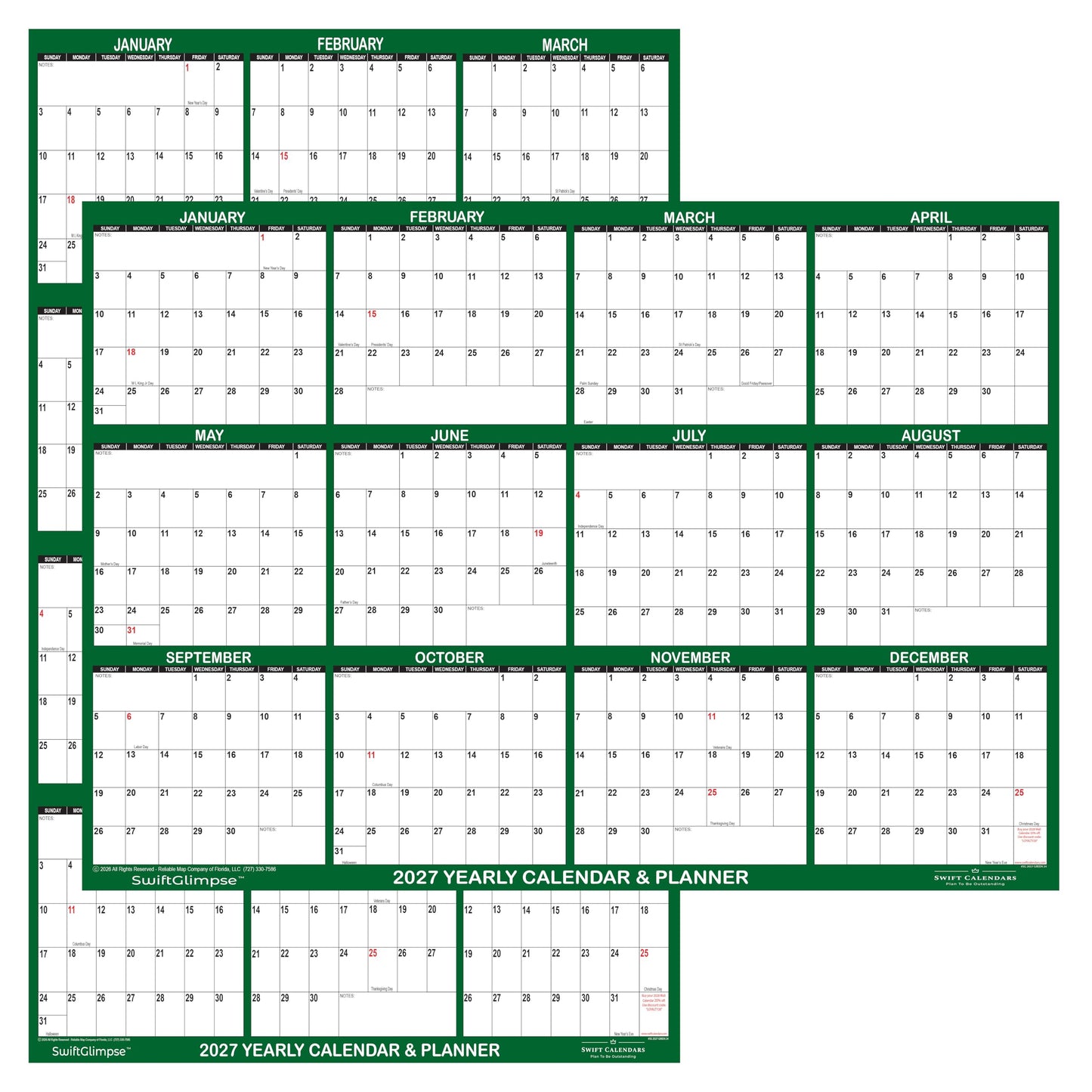32" x 48" SwiftGlimpse 2027 Wall Calendar Erasable Large Wet & Dry Erase Laminated 12 Month Annual Yearly Wall Planner, Reversible, Horizontal/Vertical, GREEN