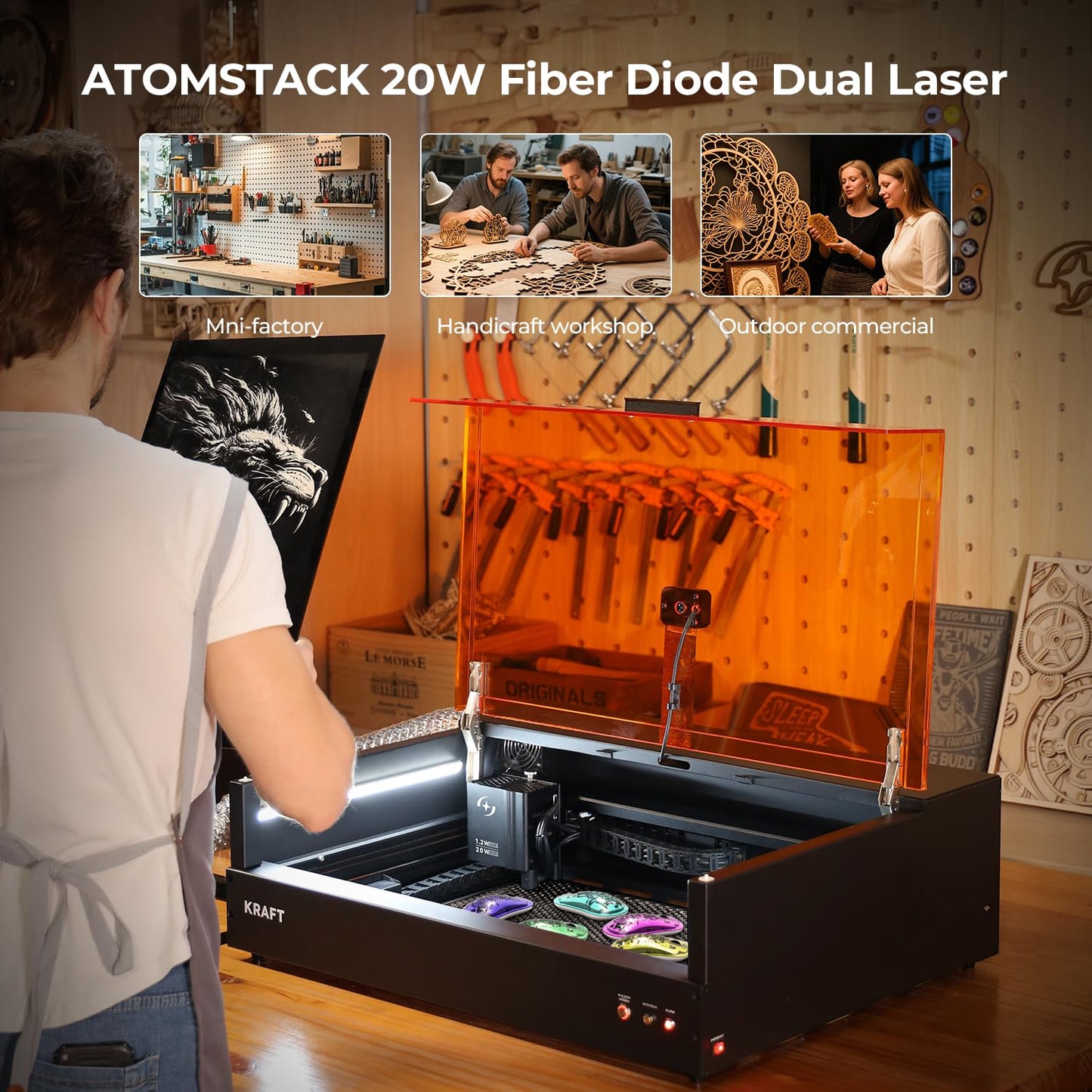 ATOMSTACK Kraft 20W Dual Laser Engraving Machine 1.2W 1064 Laser, 600mm/s Engraving Speed, ''19.6'x12.6'' Laser Cutting Machine, Laser Engraver for Wood, Metal and Acrylic