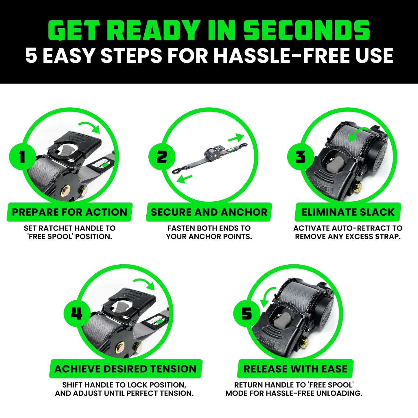 Rhino USA Retractable Ratchet Straps (4-Pack) - 2 Inch x 10 Feet (3,033lb Break Strength) - Heavy Duty Auto Self Retracting Tie Down Straps for Truck, Cargo Trailer, Motorcycle, Rad & More - Gray
