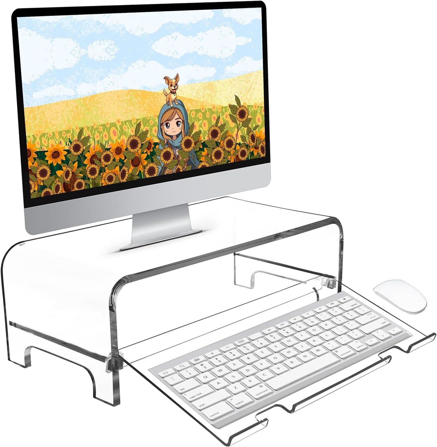5.7 Inch AMT Acrylic Monitor Stand and Laptop Riser with Keyboard Cover, Clear Desktop Shelf for Office and Home