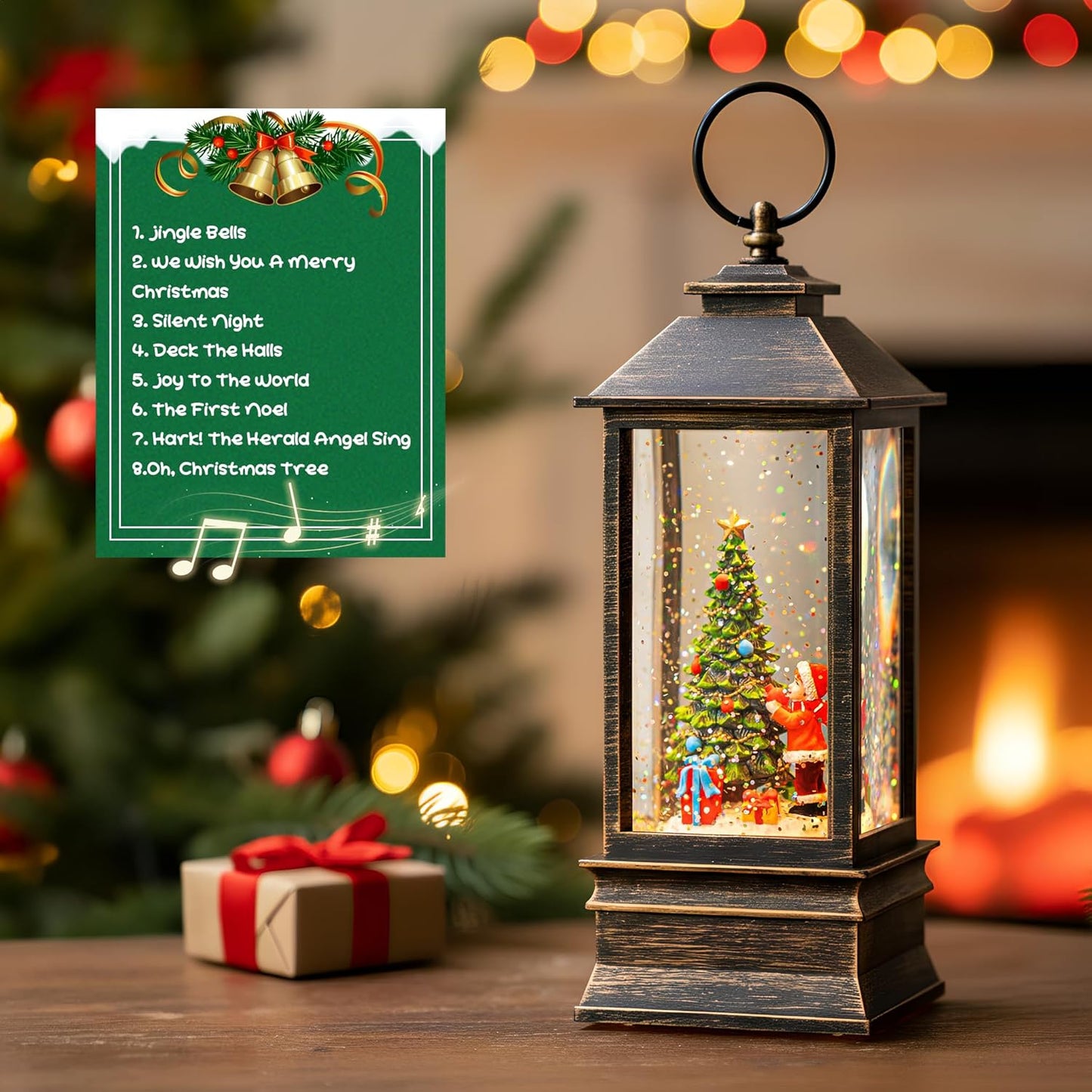 Skiennix 10'' Snow Globe Christmas Lantern - Musical & Lighted with Swirling Glitter | Battery or USB Powered