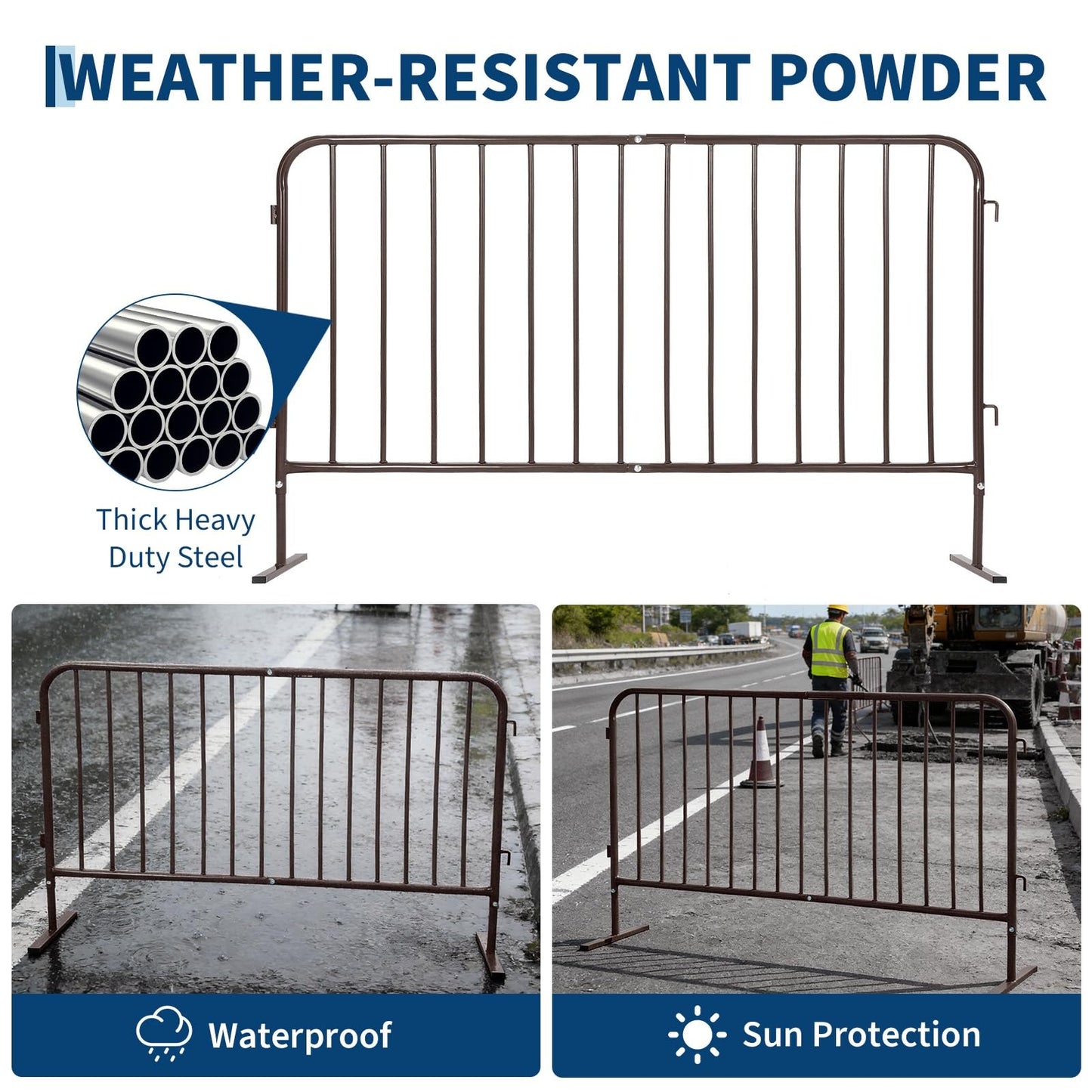 Heavy Duty Interlinked Steel Crowd Control Barricade – Removable Flat Feet, Durable Powder-Coated, Weather Resistant Safety Barrier for Events, Construction, Parking, Pedestrian Zones – 8.5FT, Brown
